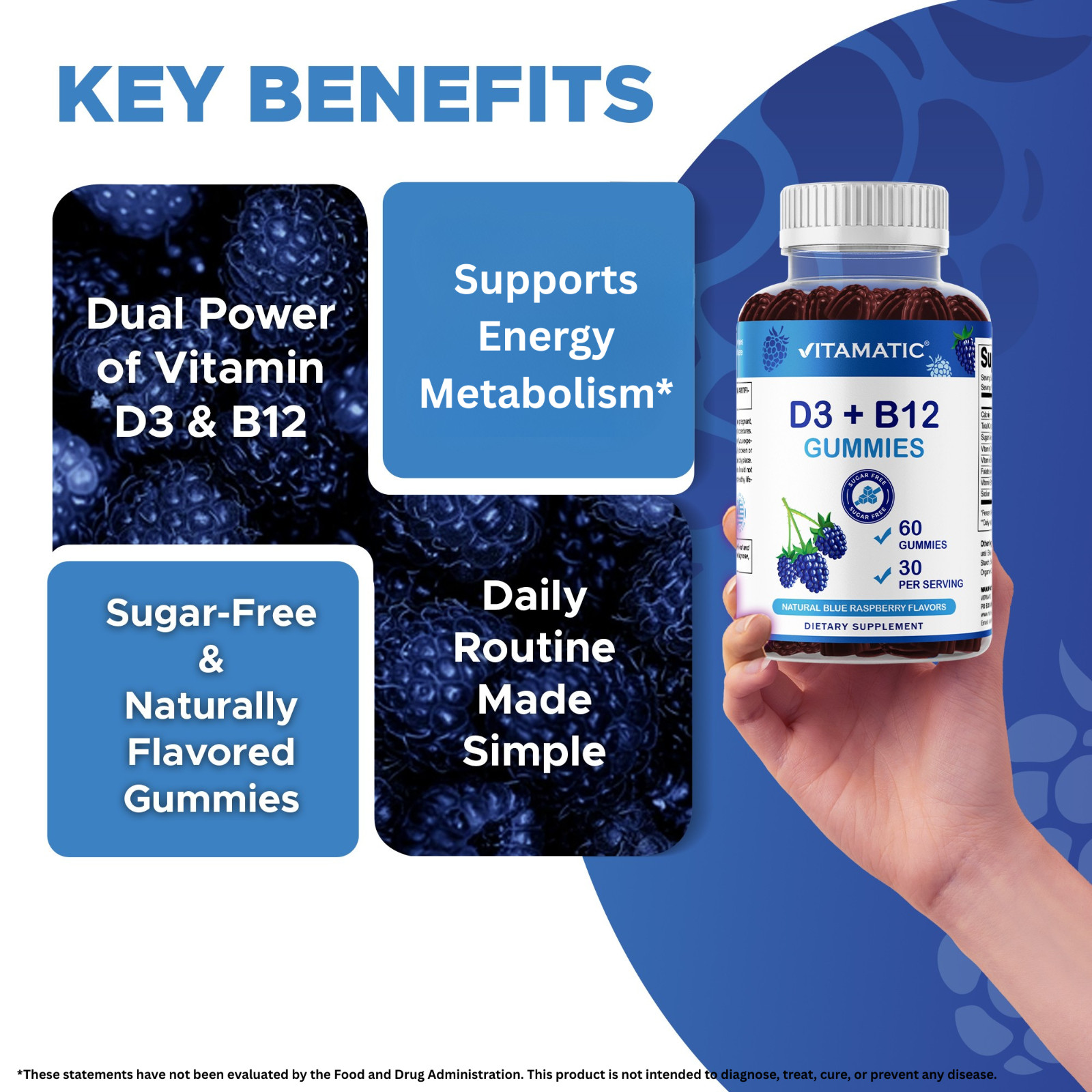 Vitamatic Vitamin D3 + B12 Gummies Made with Folate & Vitamin B6 – 60 Gummies