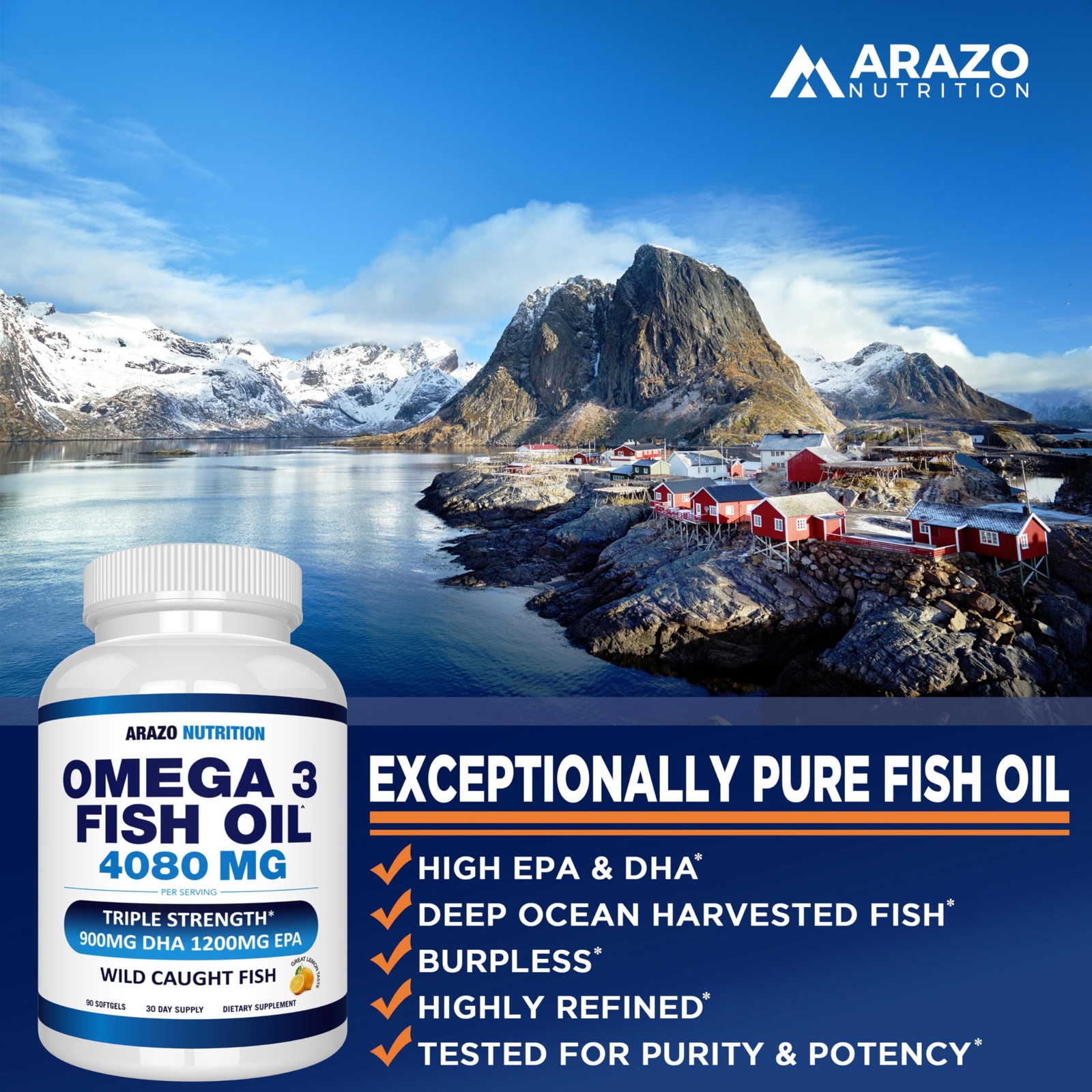 Arazo Nutrition Wild Caught Omega 3 Fish Oil – 90 Soft Gels – 4080mg High EPA…