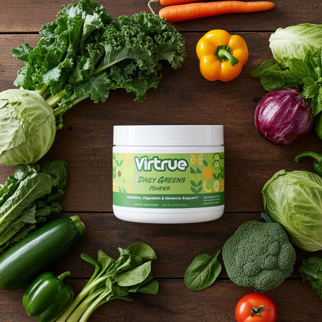Daily Greens Powder by Virtrue | Digestion & Immune Support | 126g | Made in USA