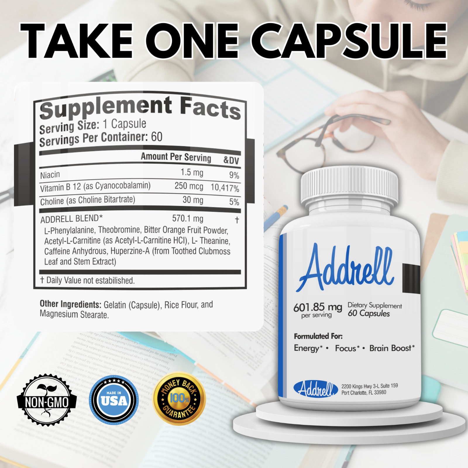 Addrell Energy Stimulant Dietary Supplement Designed for Brain Boosting-60 Pills