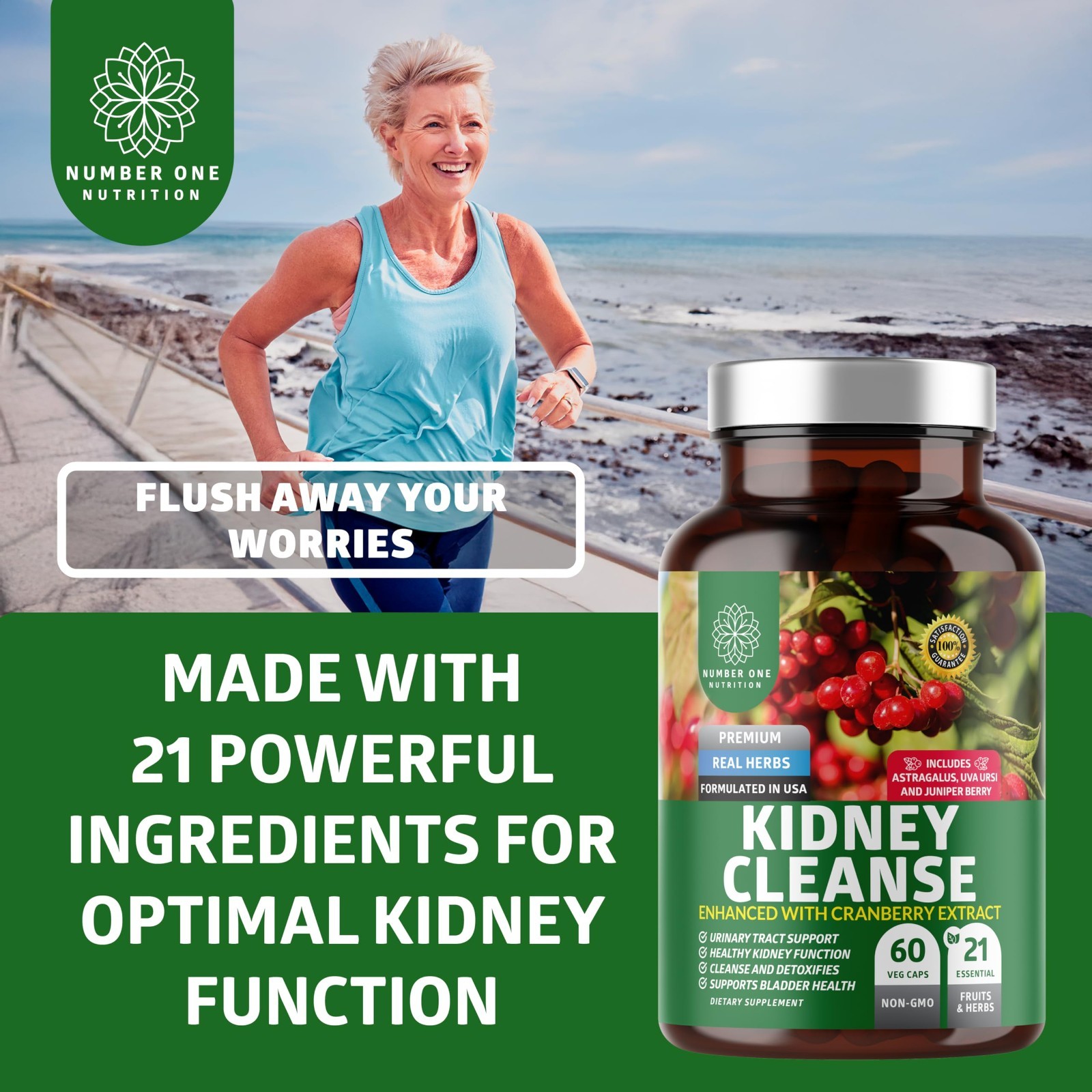 Kidney Support Supplement with 21 Herbs, Cranberry & Uva Ursi – 60 Capsules