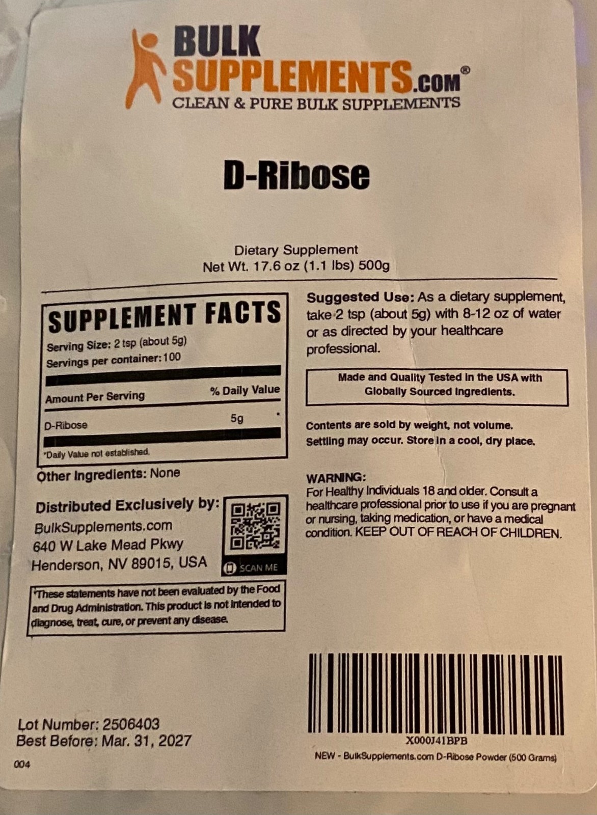 Bulk Supplements D-RIBOSE Dietary 500G (17.6oz) Exp 03/2027