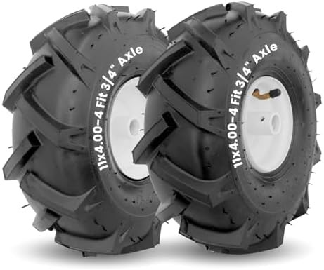MZREXN 11×4.00-4″ Tiller Tire and Wheel 2 Pack, 3/4″ Axle Size | 3-1/8″ Offset H