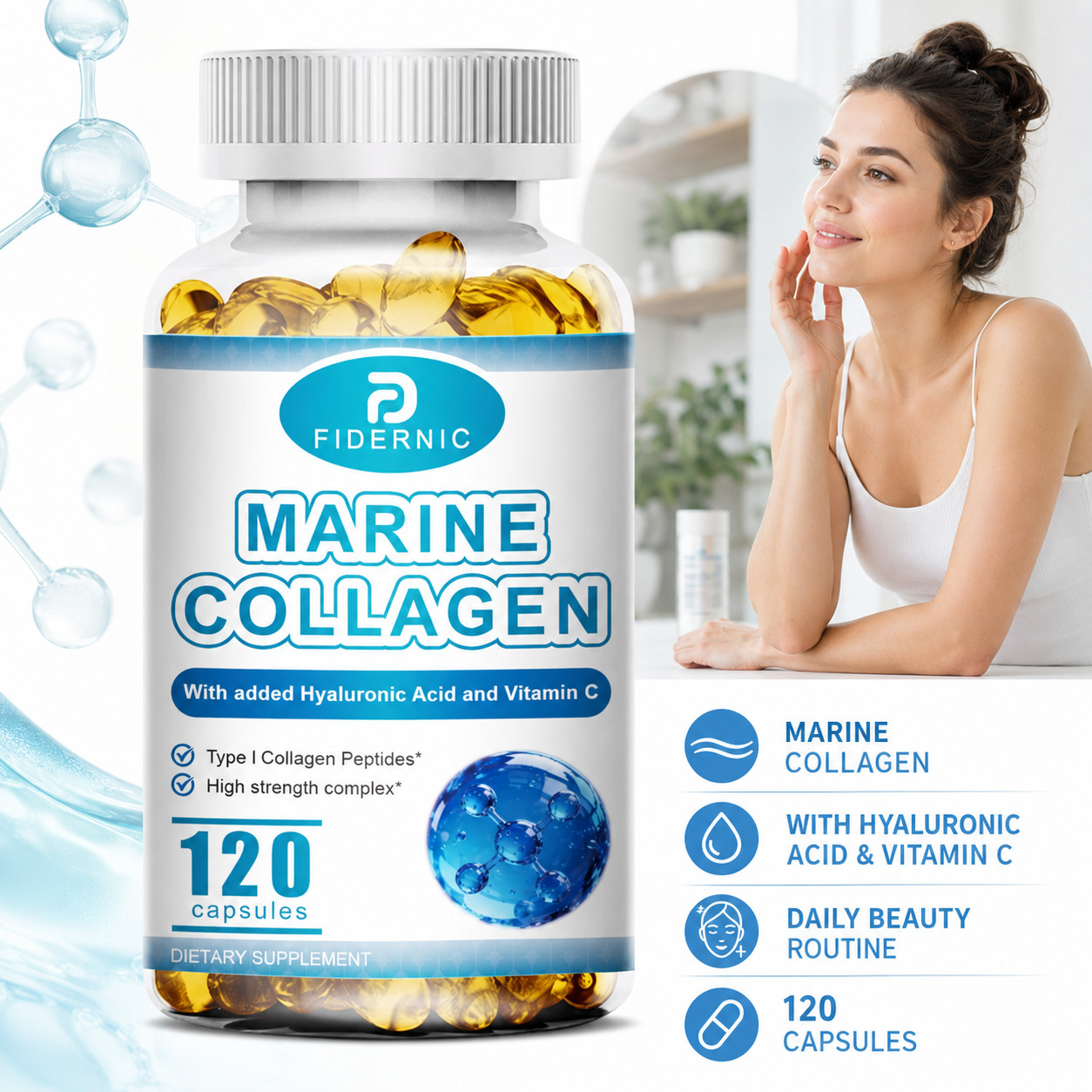 Hydrolyzed Marine Collagen 1300mg Type 120 Capsules Skin Hair Supplement