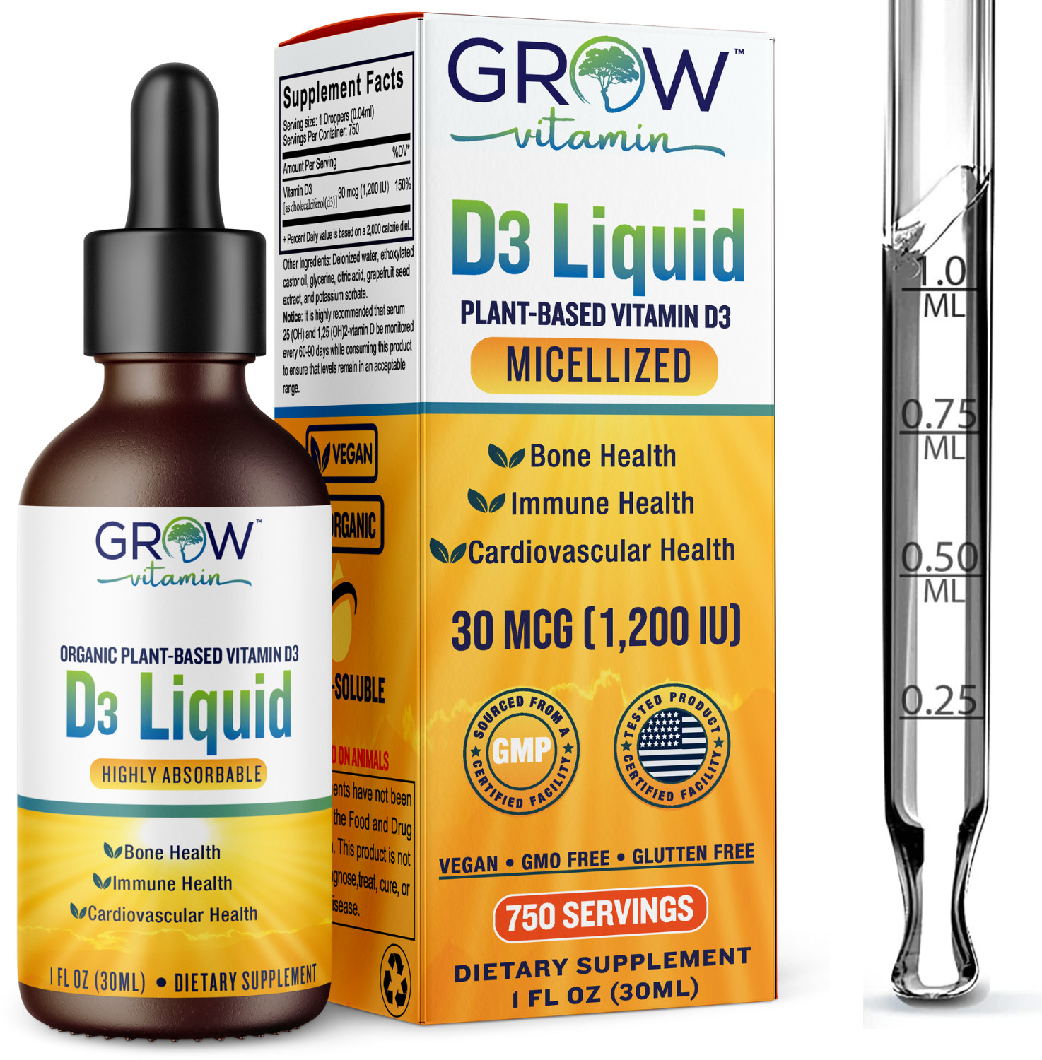 Grow Vitamin Plant-Based Vitamin D3 – Water soluble Vegan Vitamin D Liquid 1 oz.