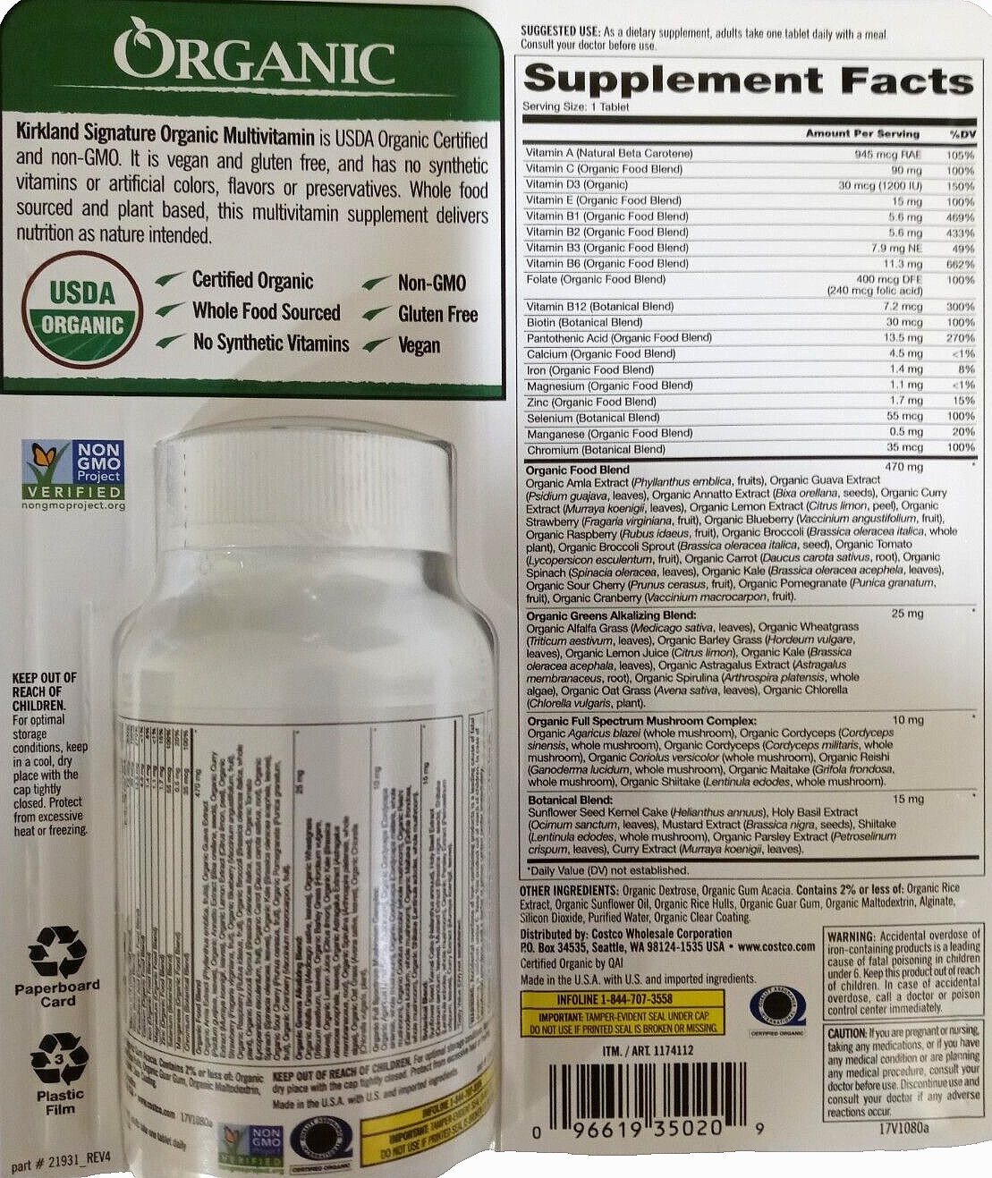 Kirkland Signature USDA Organic Multivitamin 80 Tabs EXP 01/2026