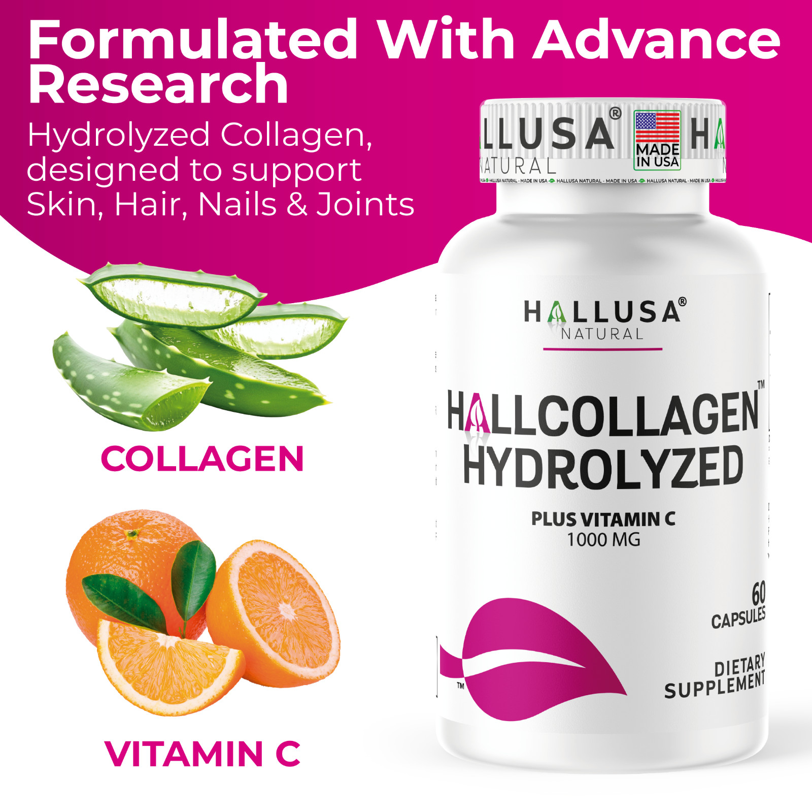 HYDROLYZED COLLAGEN Complex – Skin, Hair & Joint Care – Anti-Aging – 60 Caps