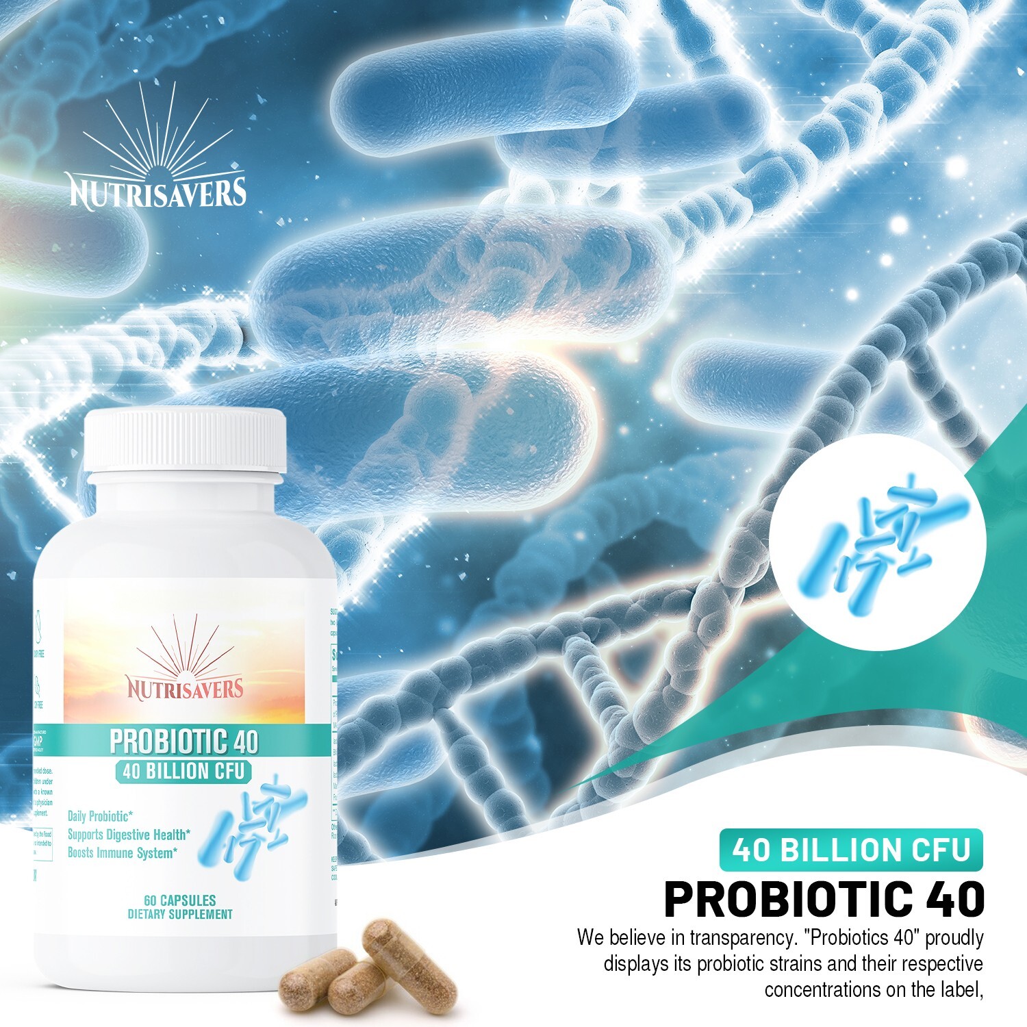 Probiotic Digestion Support 40 Billion CFU Body Defense 180 Vegan Caps