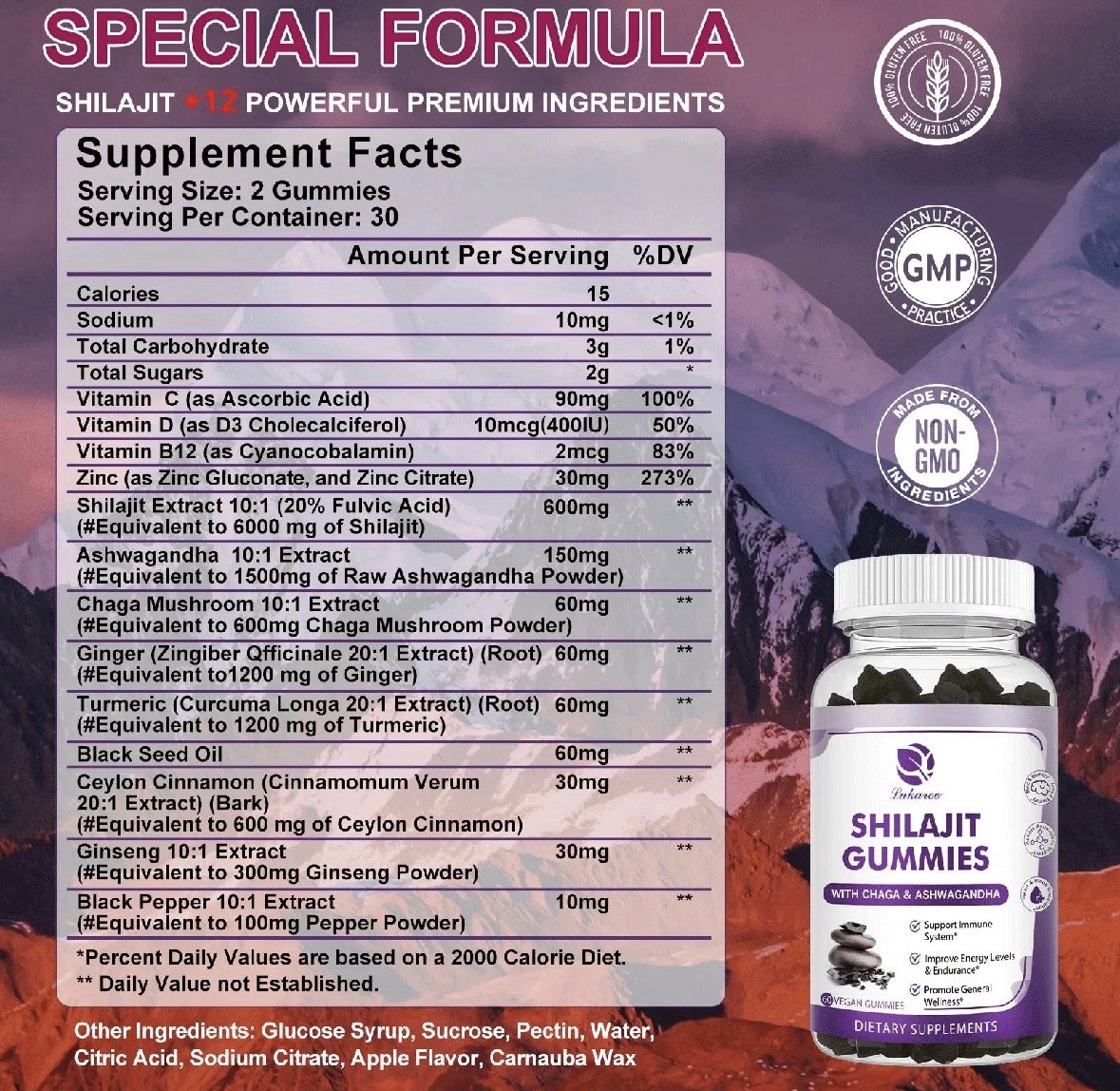 Lukaree Shilajit Gummies w/ Chaga & Ashwagandha 60ct Apple Vegan Non-GMO