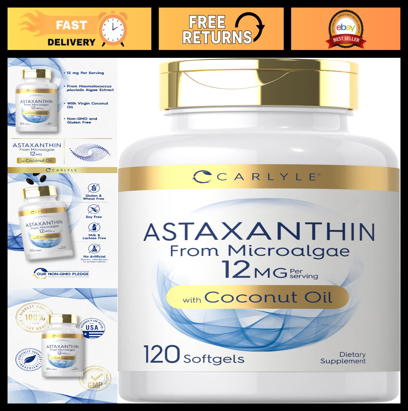 Astaxanthin 12mg Softgels | 120 Count | Microalgae Supplement | Non-GMO, Gluten-