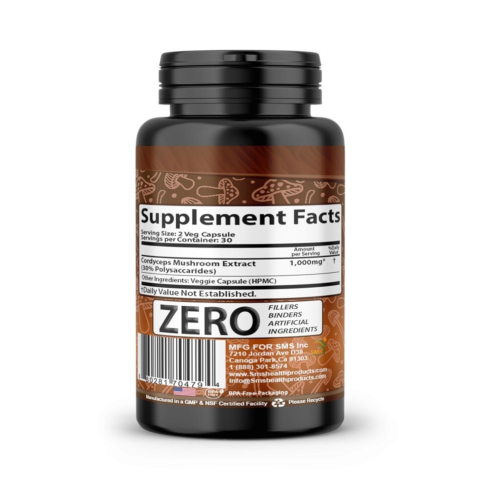 Organic Cordyceps Mushroom Capsules 1,000mg With 30% Polysaccharides