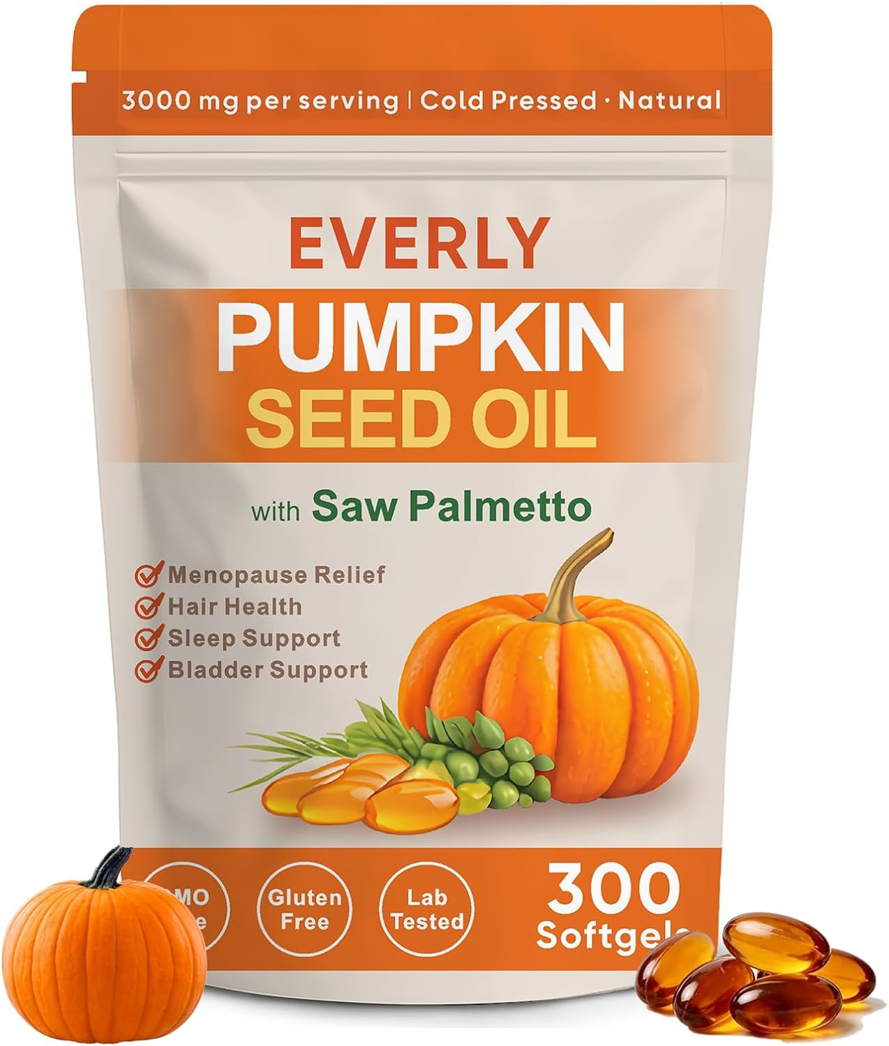 Everly Pumpkin Seed Oil with Saw Palmetto, 300 Softgels, Cold Pressed Pumpkin Se