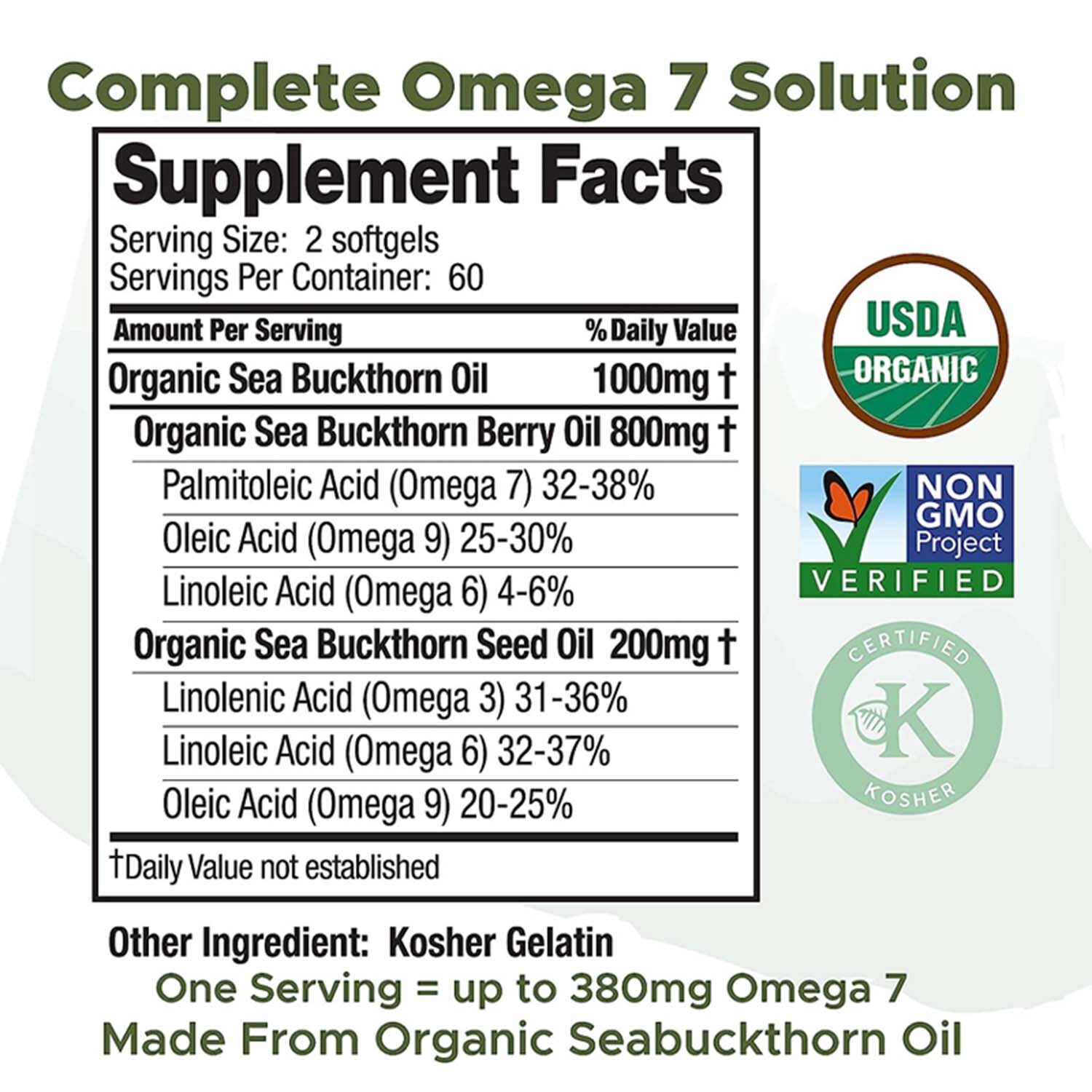 Omega-7 Complete – Hair, Skin Health, Anti-Aging -with Organic Sea Buckthorn Oil