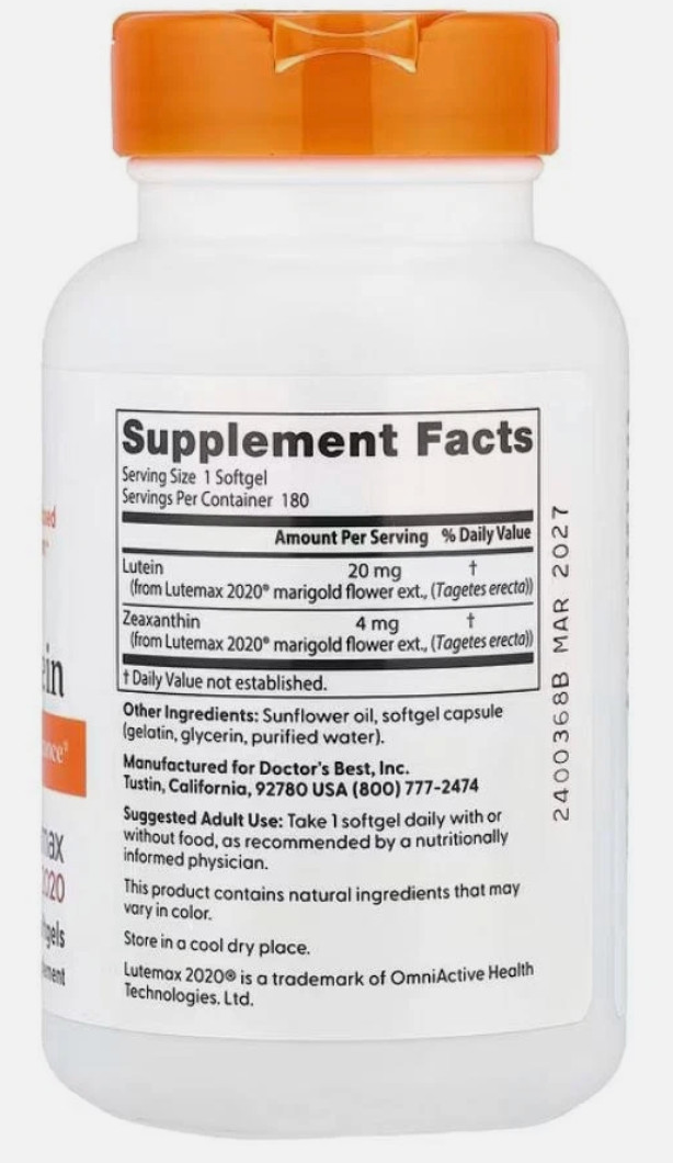 3X Doctor’s Best Lutein with Lutemax 20mg-180 softgels EXP 10/2027