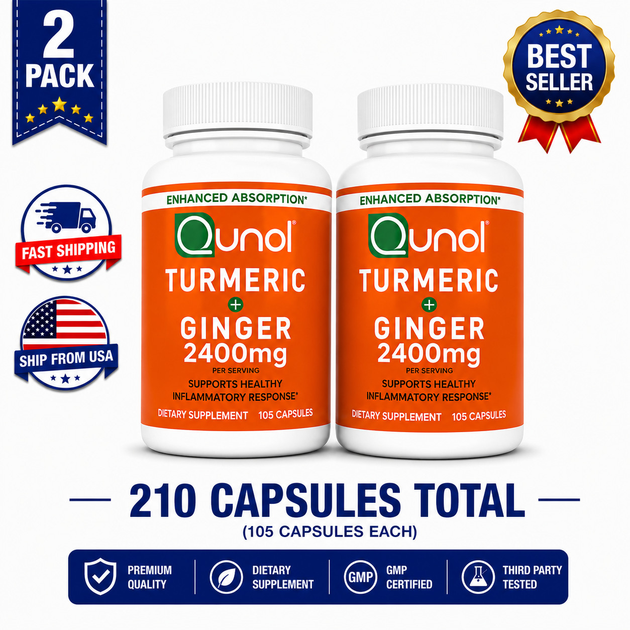 Qunol Turmeric Curcumin with Ginger & Black Pepper – 2400mg | 2 Pack