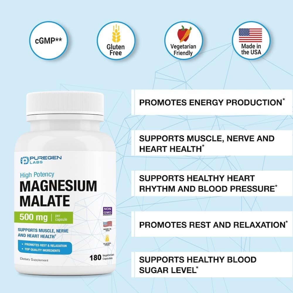 Puregen Labs Magnesium Malate | 500 mg. 180 Vegetarian capsules | Exp 6/27