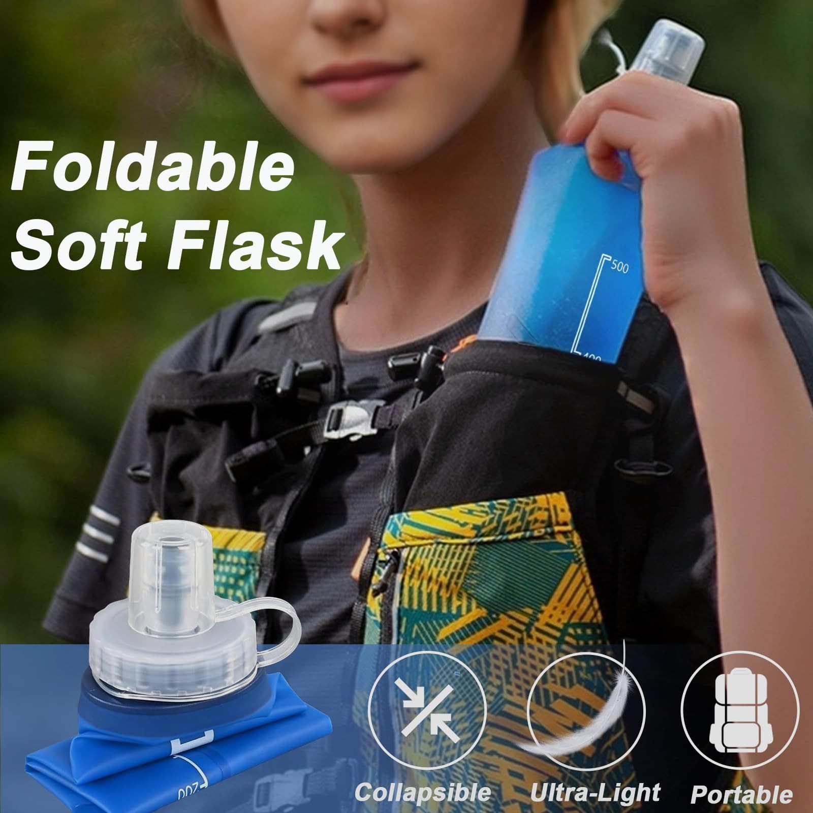 2 Pack Collapsible Water Bottle 500ml – BPA-Free Foldable Soft 500 ml, blue