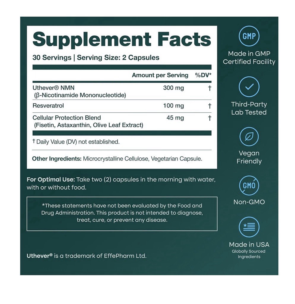 Nmn+ Longevity Prime With Resveratrol | Fisetin | Astaxanthin | Olive Leaf 60ct