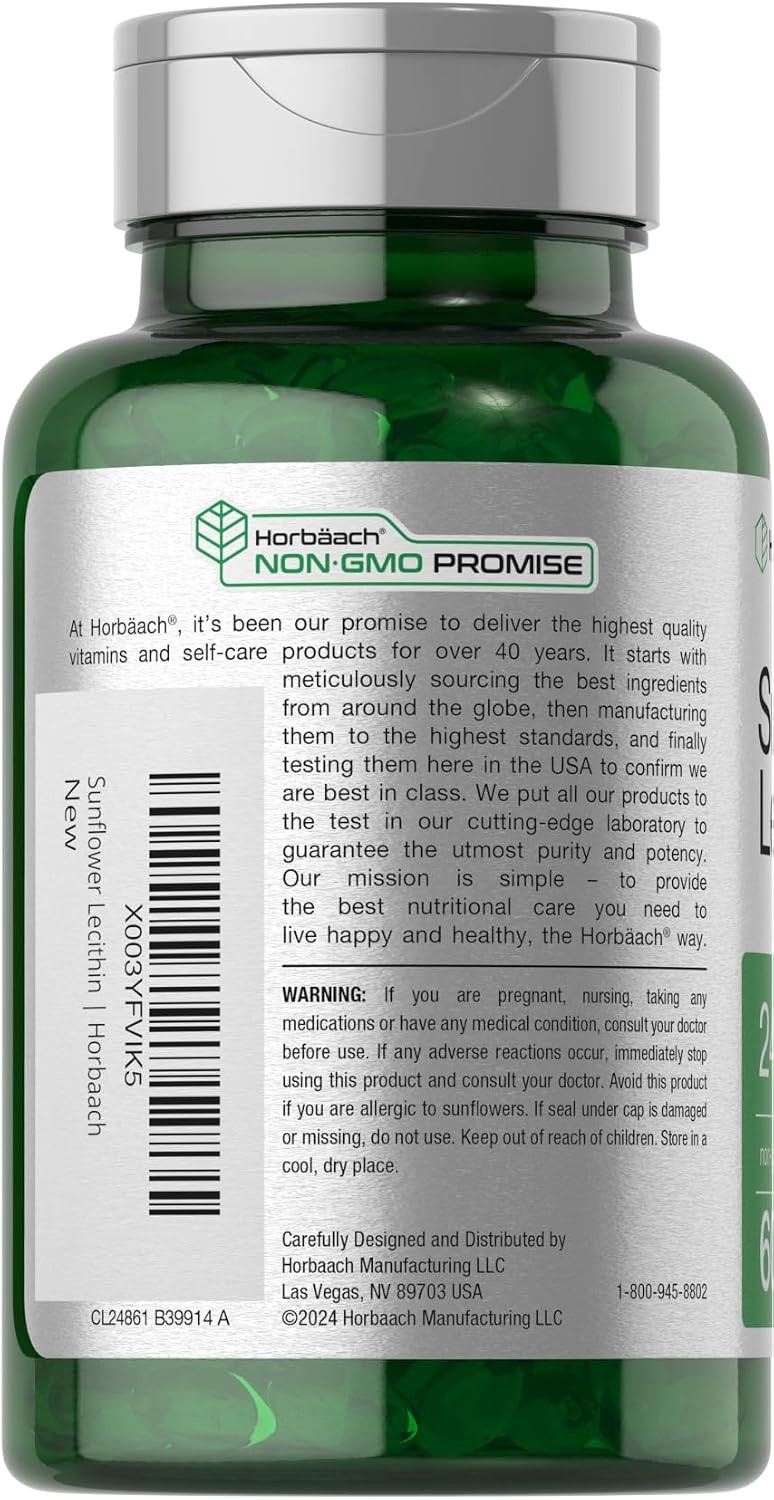 Sunflower Lecithin Softgel Capsules 2400mg 60 Pills Non-GMO Supplement