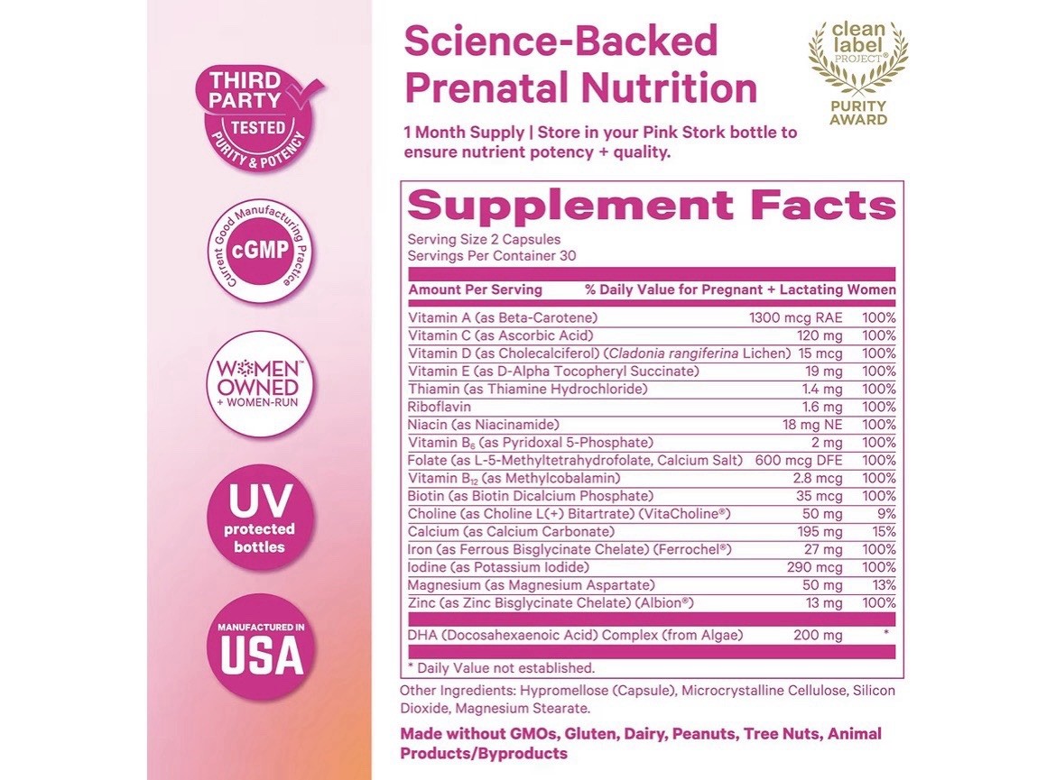 PinkStork Total Prenatal Vitamins + DHA, 60 Caps, Berry Scented, Exp 03/2029