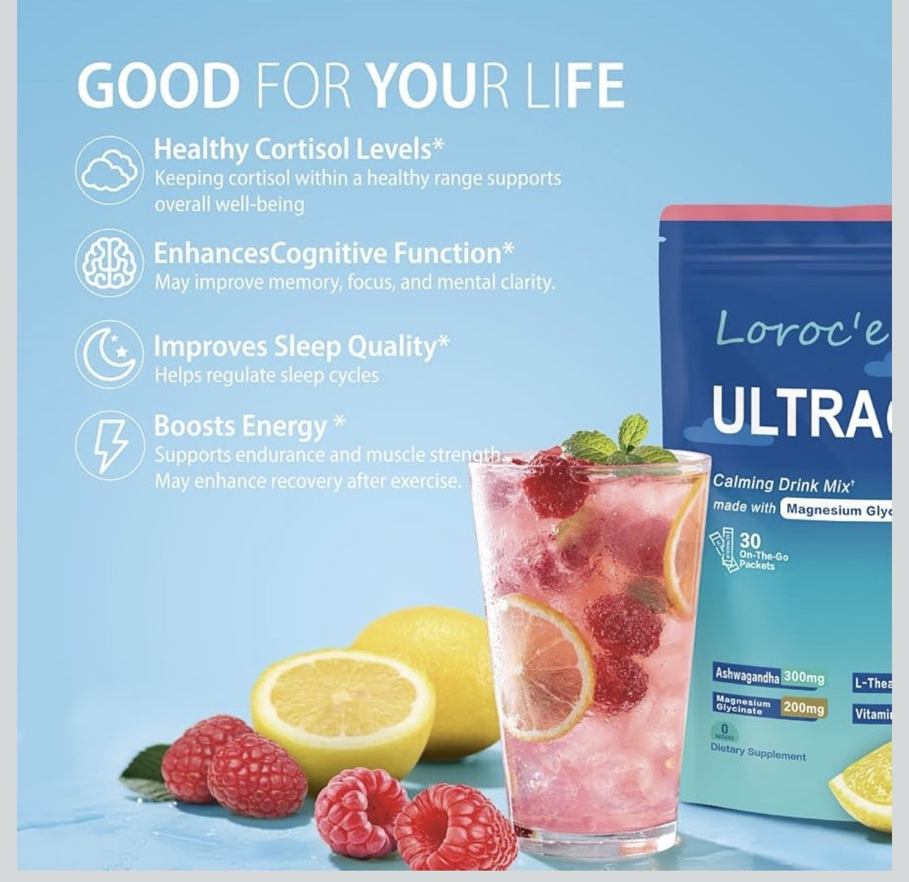Loroc’e UltraCalm Calming Drink Mix Magnesium Glycinate 30 Packets Exp 03/2027