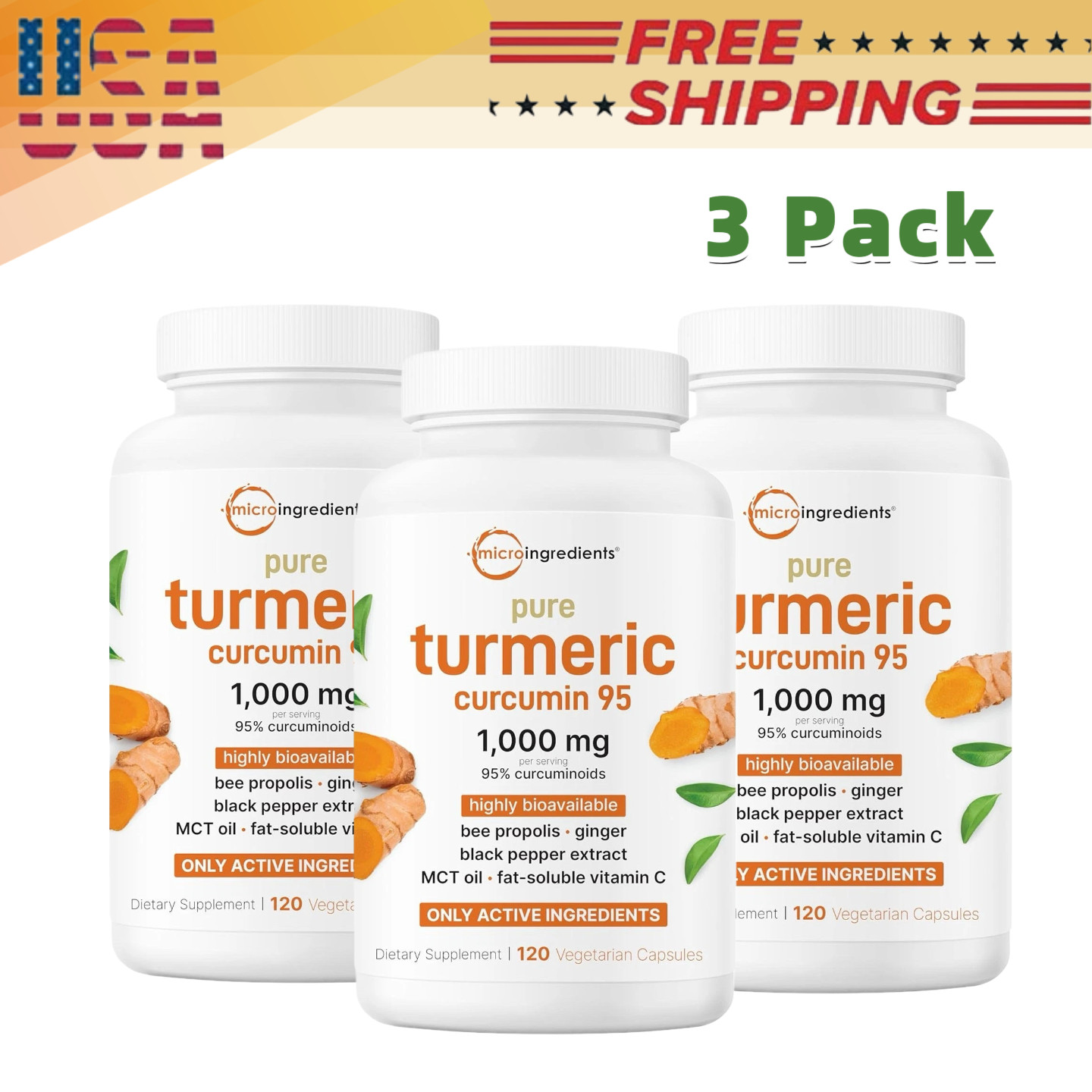 3PACK Micro Ingredients Turmeric Curcumin 1,000mg 6-in-1 Complex 120 Capsules