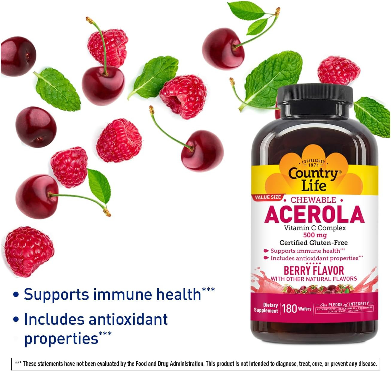 Acerola Vitamin C Complex, 500Mg, Chewable Berry Flavored Wafers, Supports Im…