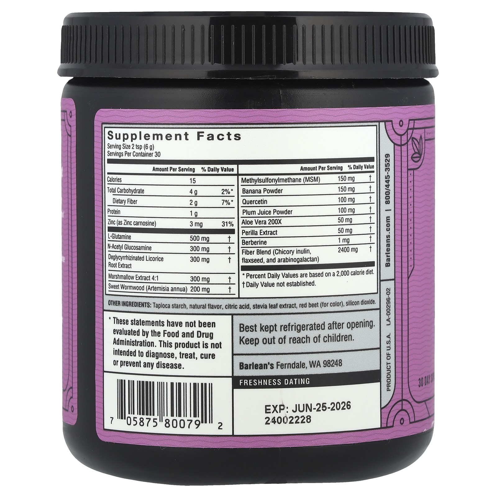 Barlean s Intestinal Repair Mixed Berry Flavor 6 35 oz 180 g Gluten-Free ,