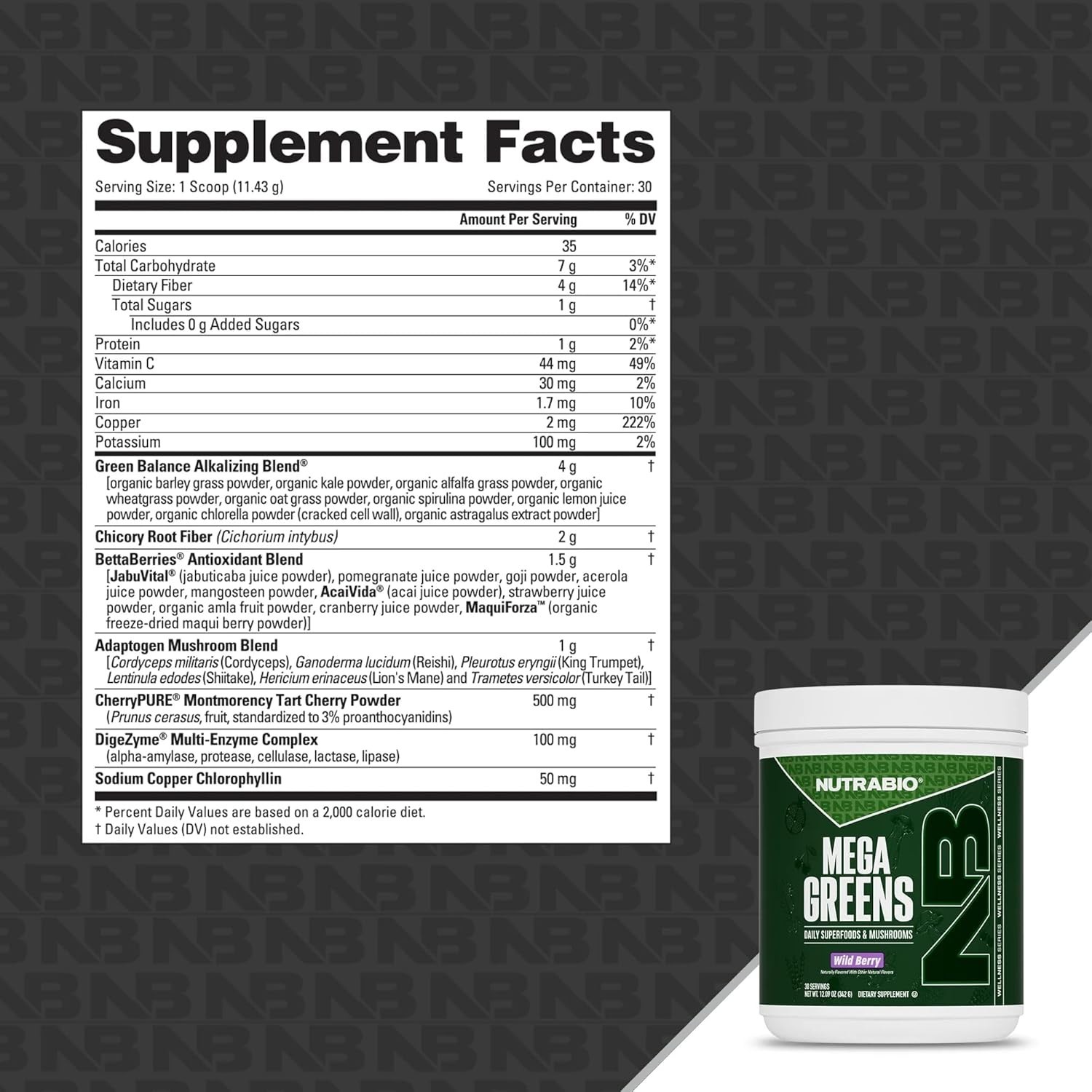 NutraBio Mega Greens Daily Energy Superfood Powder Metabolic Support Supplement