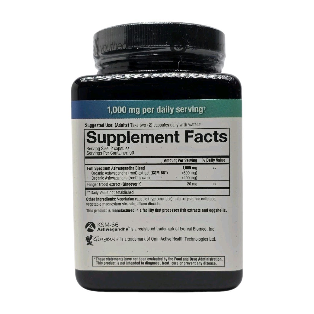Youtheory Ashwagandha 1000 mg, 180 Vegetarian Capsules Exp: 0/27, Free Shipping