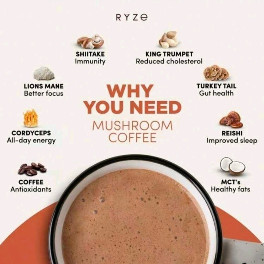 RY-ZE Organic Mushroom Coffee (30 Servings) | 6 Adaptogens + MCT Oil,