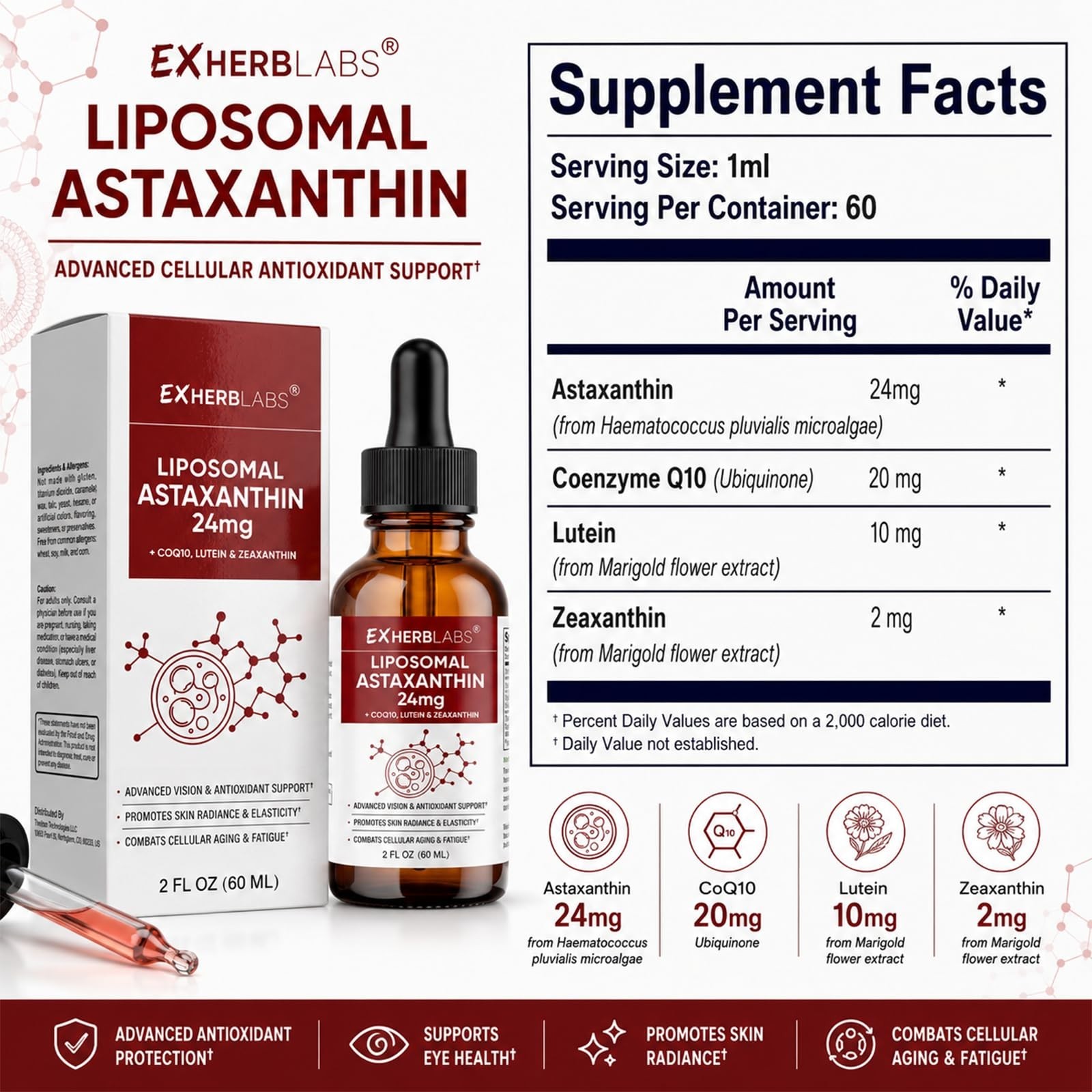 Liposomal Astaxanthin 24mg Liquid Drops – Antioxidant for Skin & Eye Health, Non