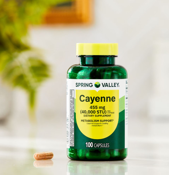 Spring Valley Cayenne Capsules 455 mg, 100 Ct Dietary Supplement for Metabolism