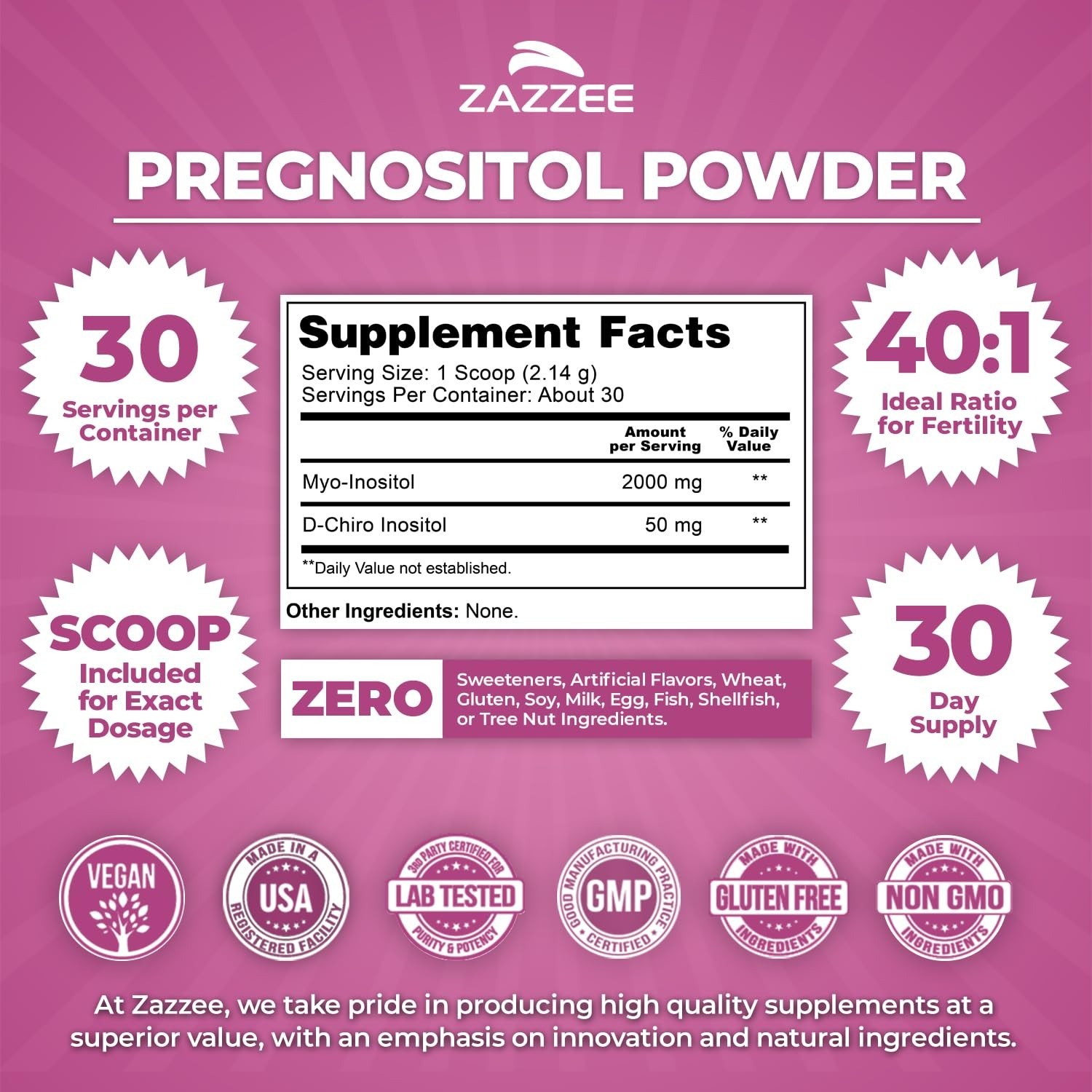 Myo-Inositol & D-Chiro-Inositol Fertility Powder, 30 Servings, Vegan, Non-GMO