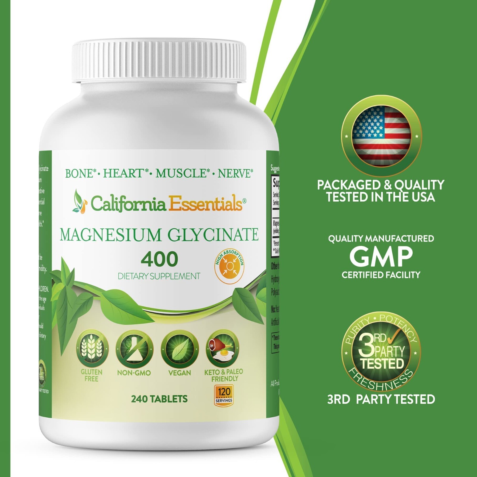 California Essentials Magnesium Glycinate 400 – 240 Tablets – Free Shipping