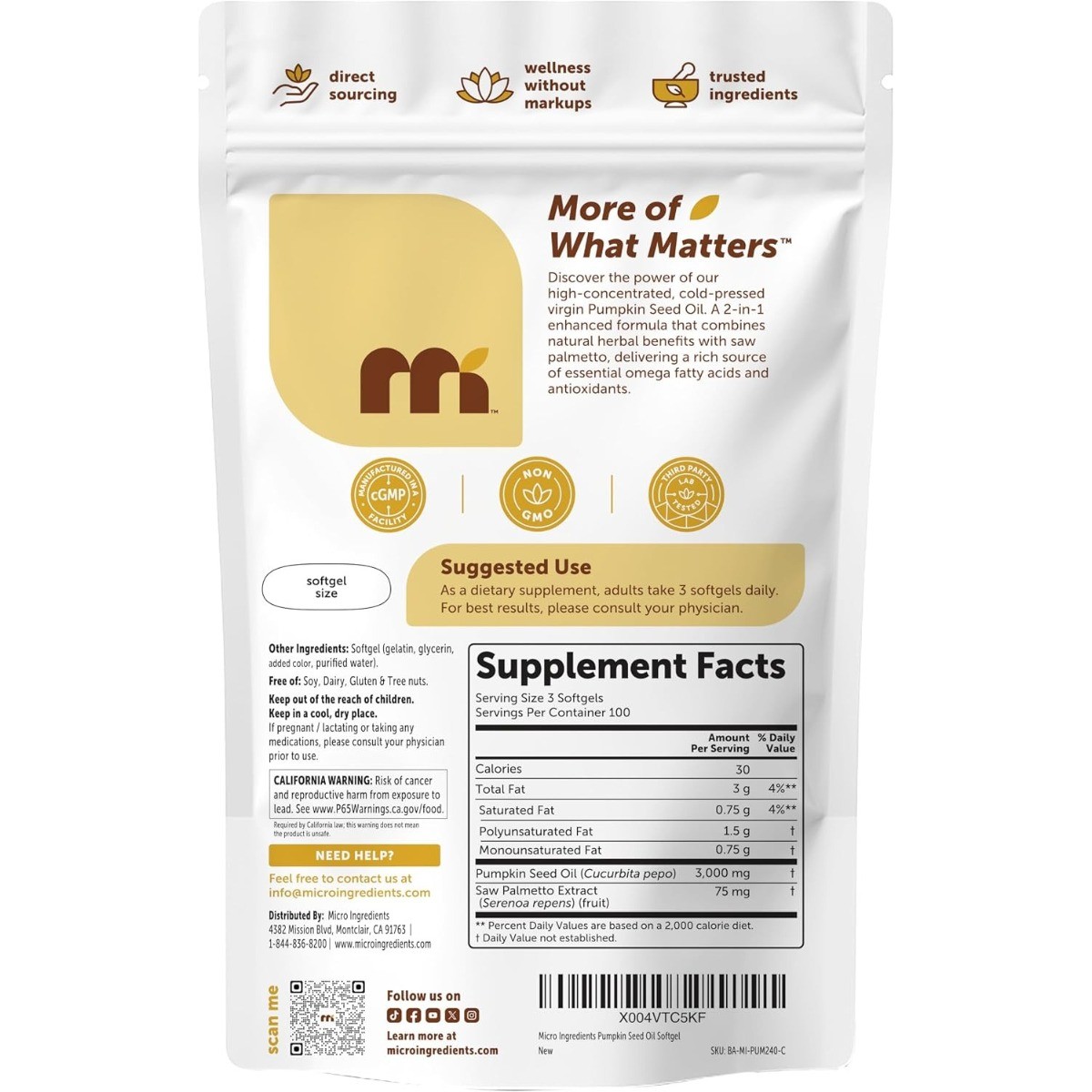 Micro Ingredients Pumpkin Seed Oil & Saw Palmetto Cold Pressed Softgels 300ct