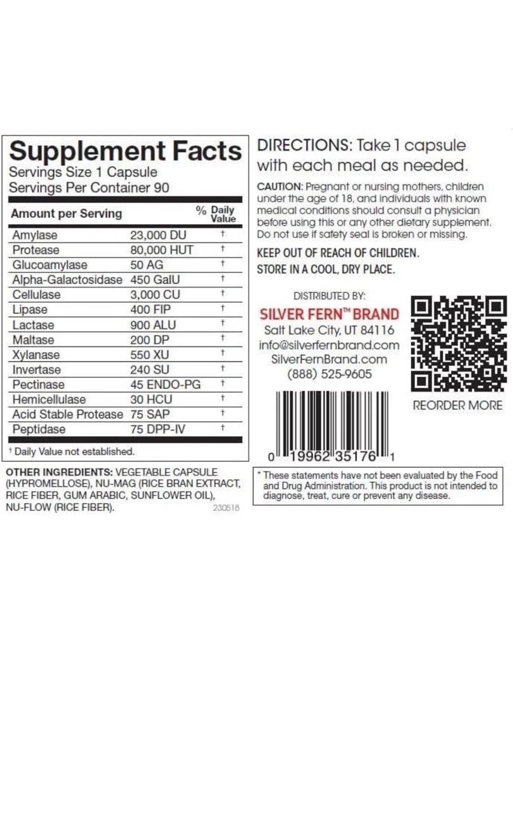Silver Fern Brand Ultimate Digestive Enzyme Supplement – 1 Bottle = 90 Capsules