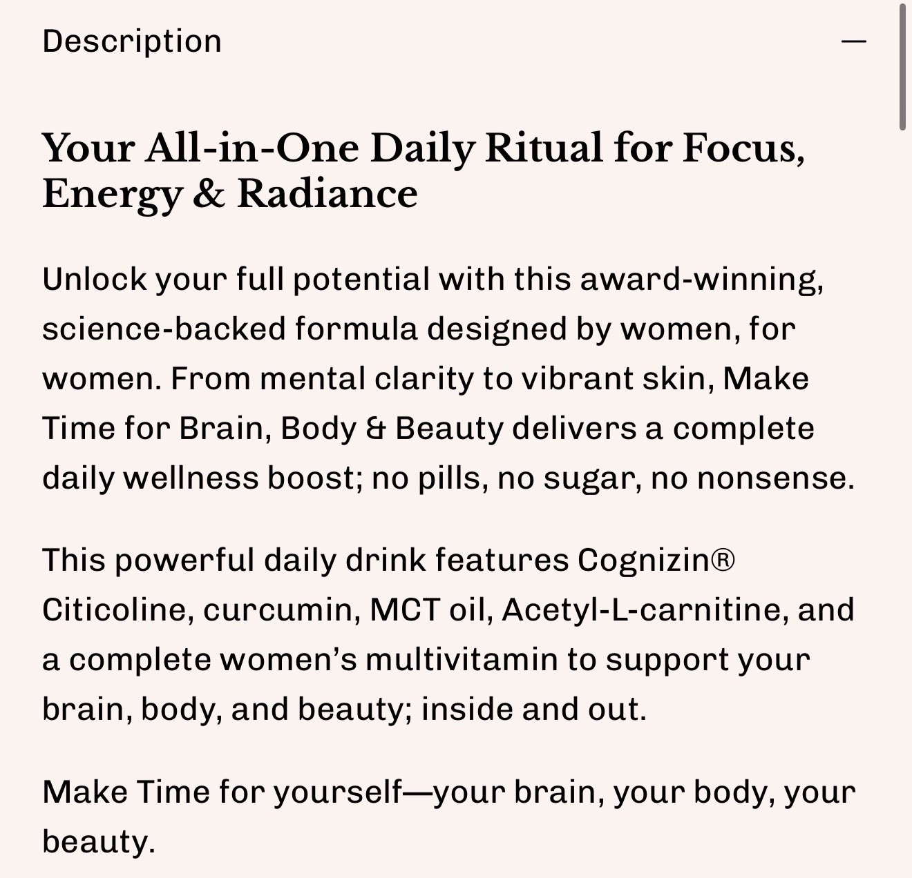 NIB~ Make Time For BRAIN, BODY, & BEAUTY Orange Drink 7.4 oz Women’s Wellness