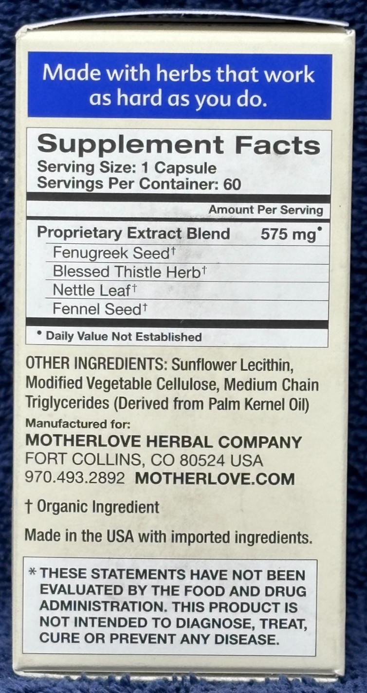 Motherlove Breastfeeding More Milk Plus Breast Aid ~ 60 Capsules Exp 7/26