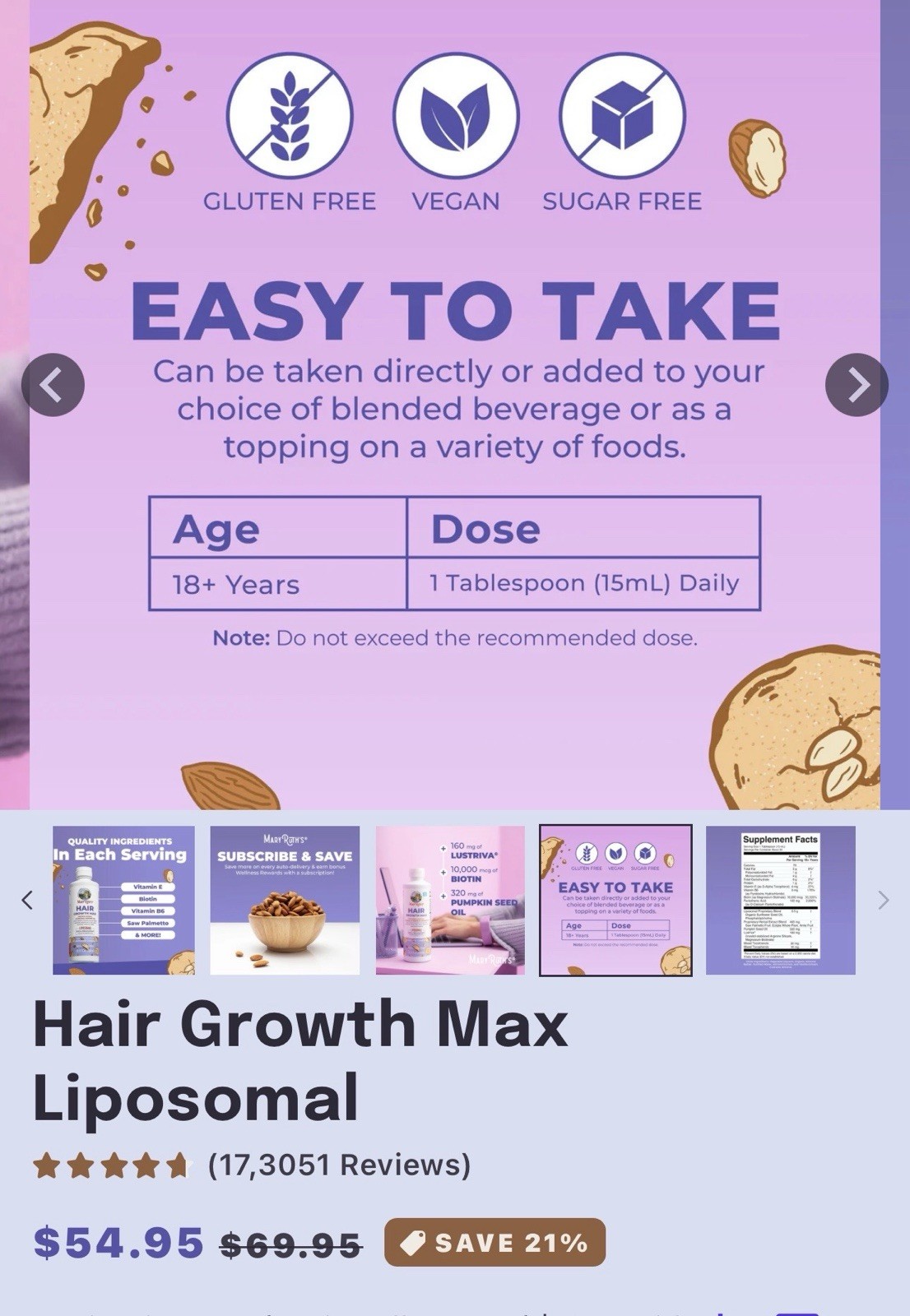 MaryRuth’s Hair Growth Max Liposomal Liquid Supplement Almond Cookie 15.22 oz