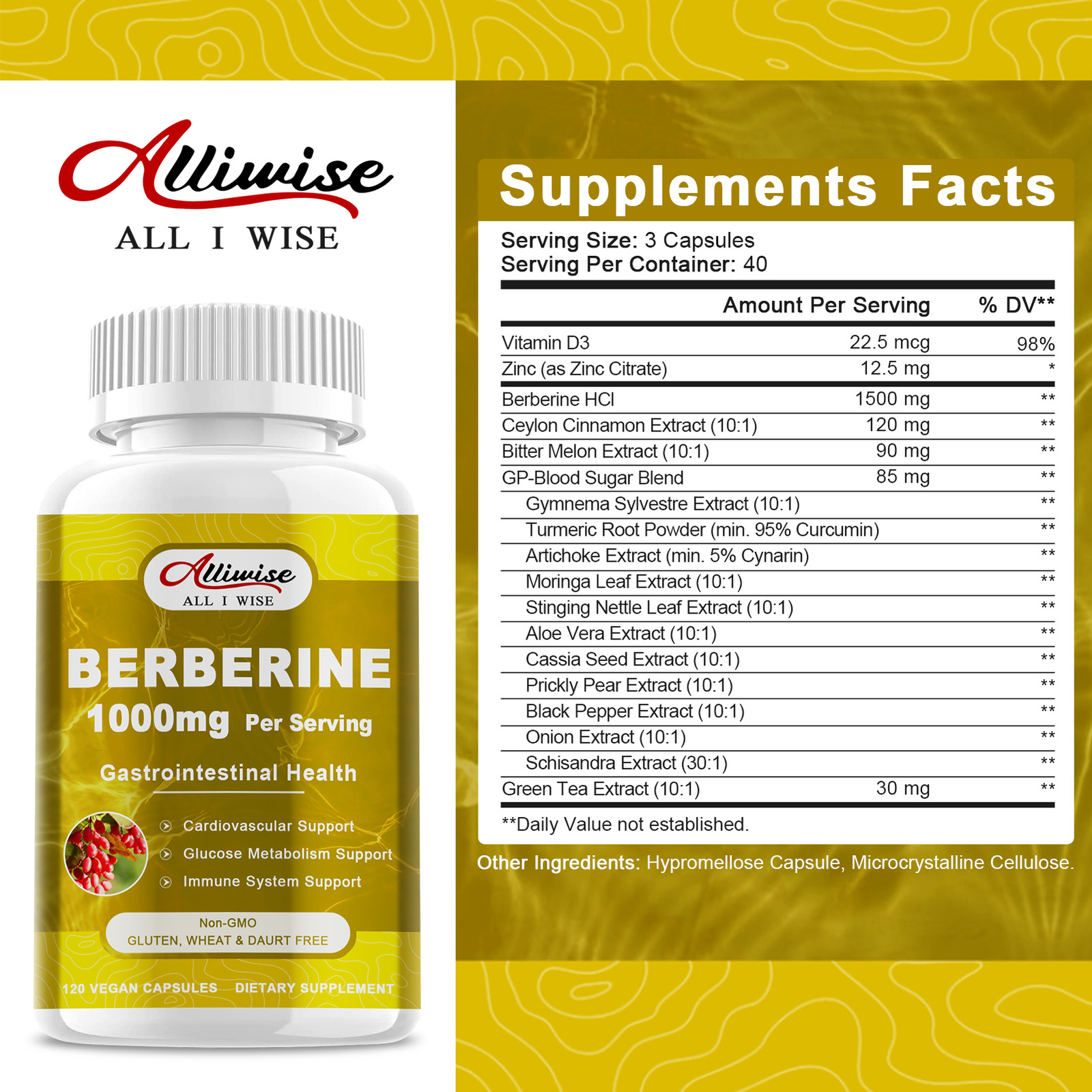 Premium Berberine HCL Extract 1000mg, Healthy Cholesterol, Anti-Inflammatory