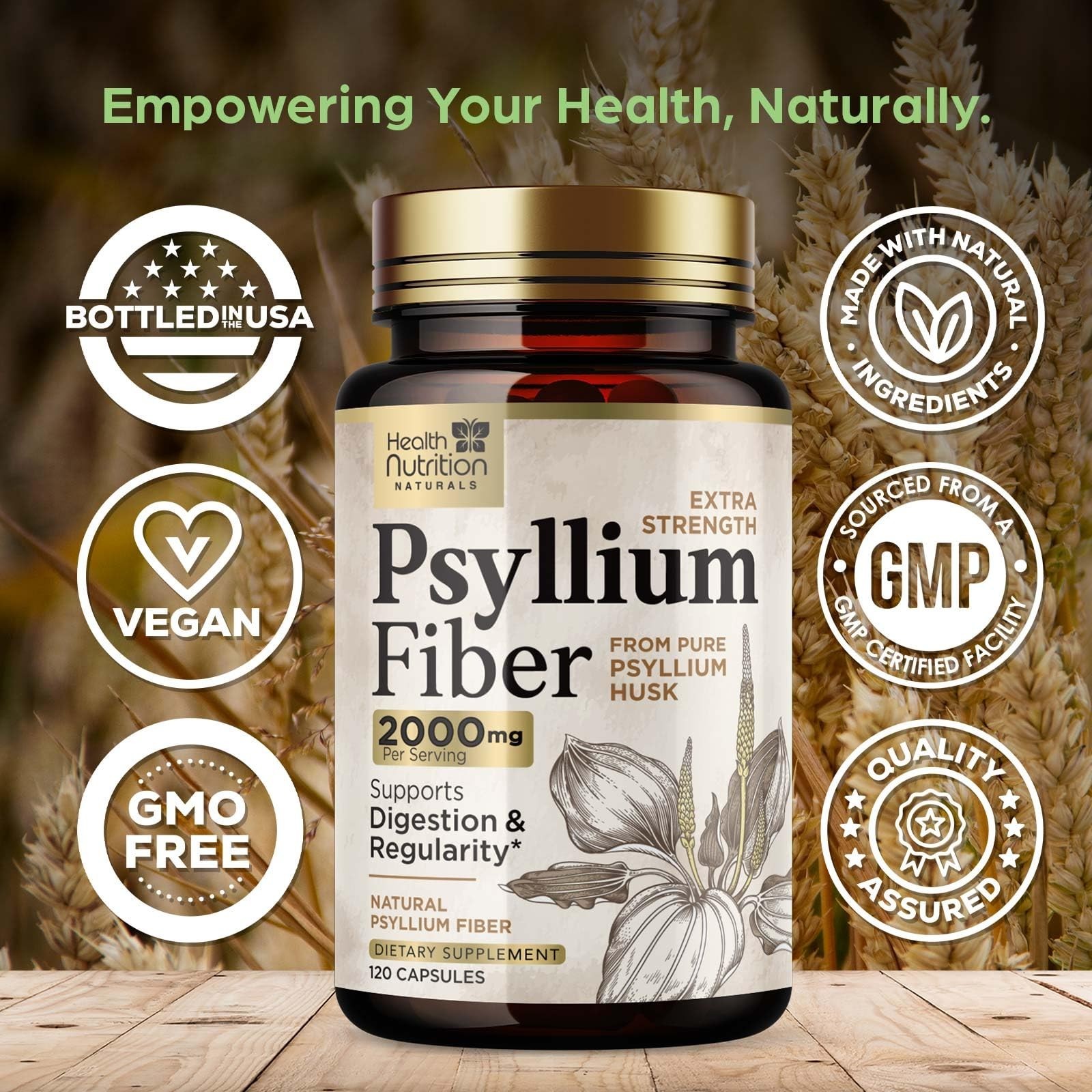 High Absorption Psyllium Husk Capsules 2000mg Daily Fiber Supplement, Psyllium..