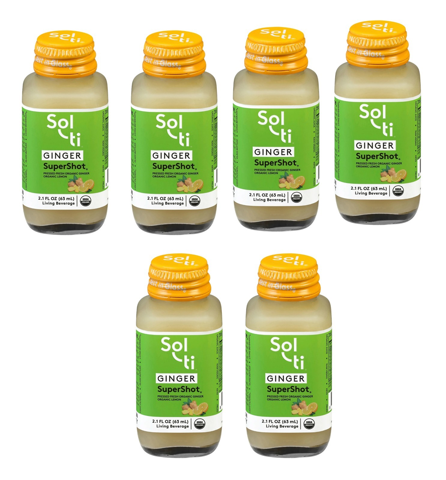 6 Pack Sol-ti Ginger SuperShot 2.1 fl oz Organic Cold Pressed Living Beverage