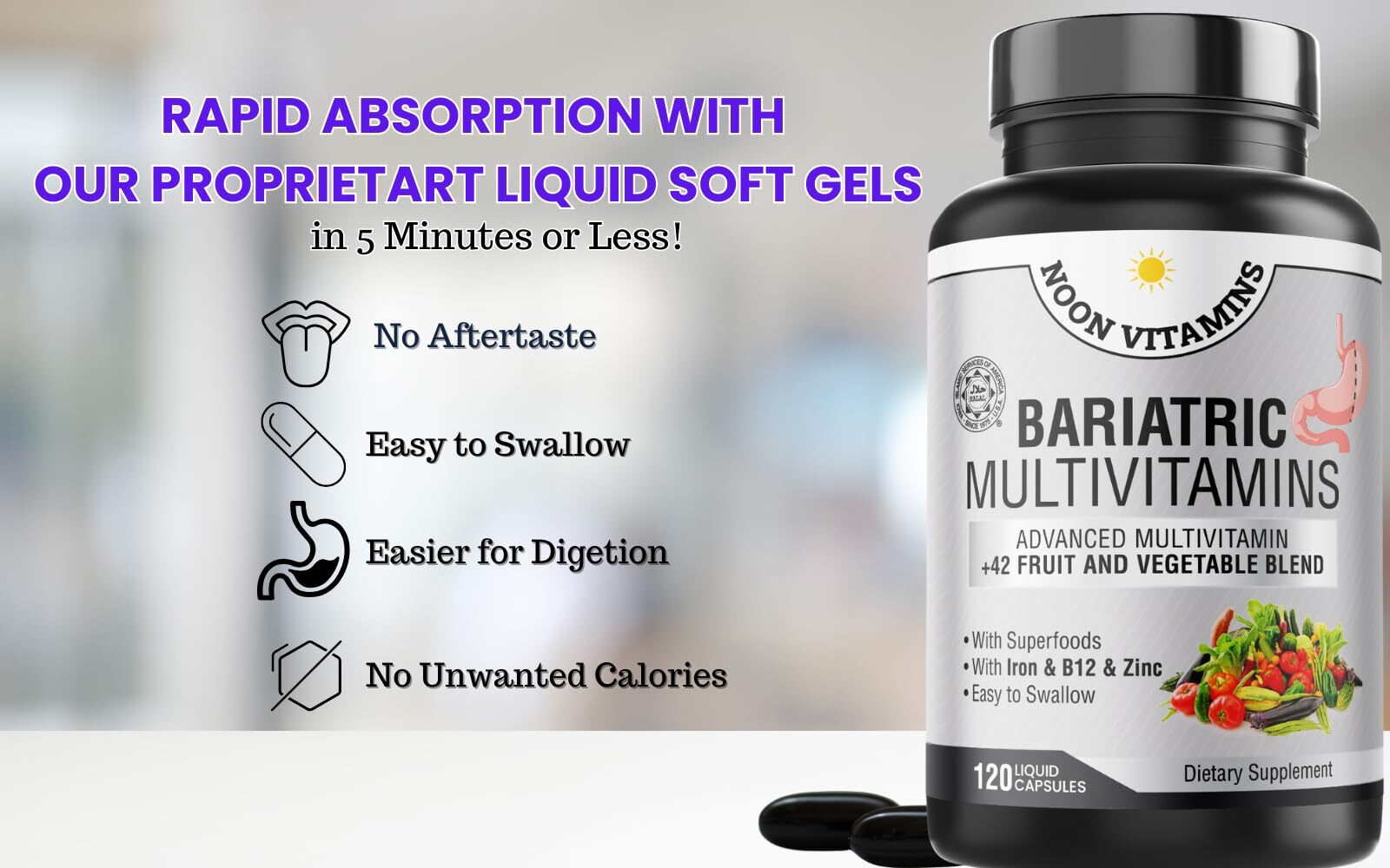Bariatric Multivitamin with Iron 120 Capsules Women Men Superfood Blend