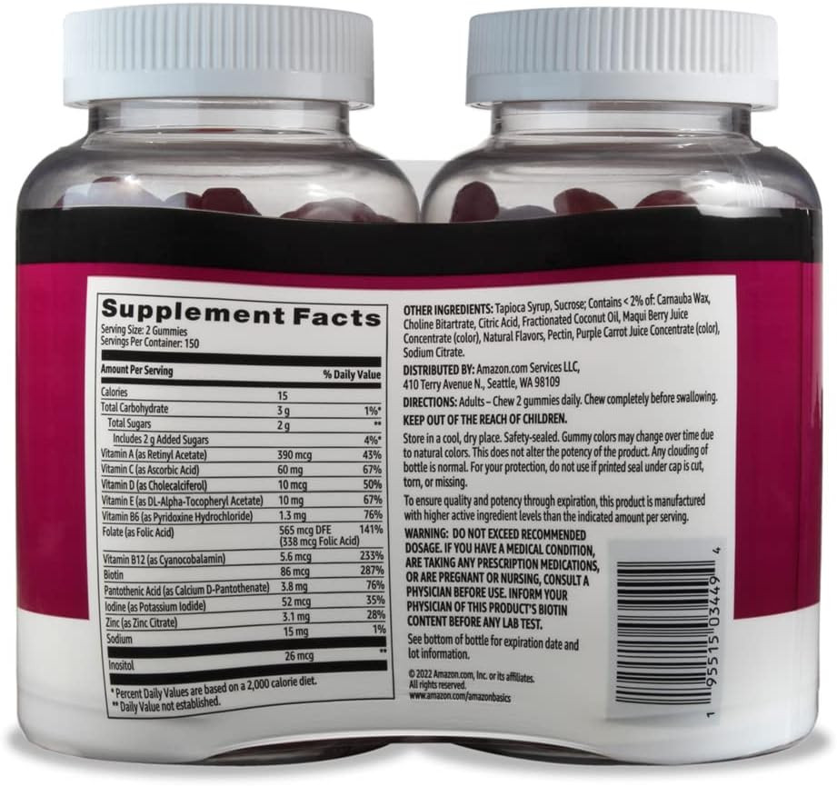 Amazon Basics Adult Multivitamin Gummies, Mixed Berry & Cherry, 150 Gummies, 75-