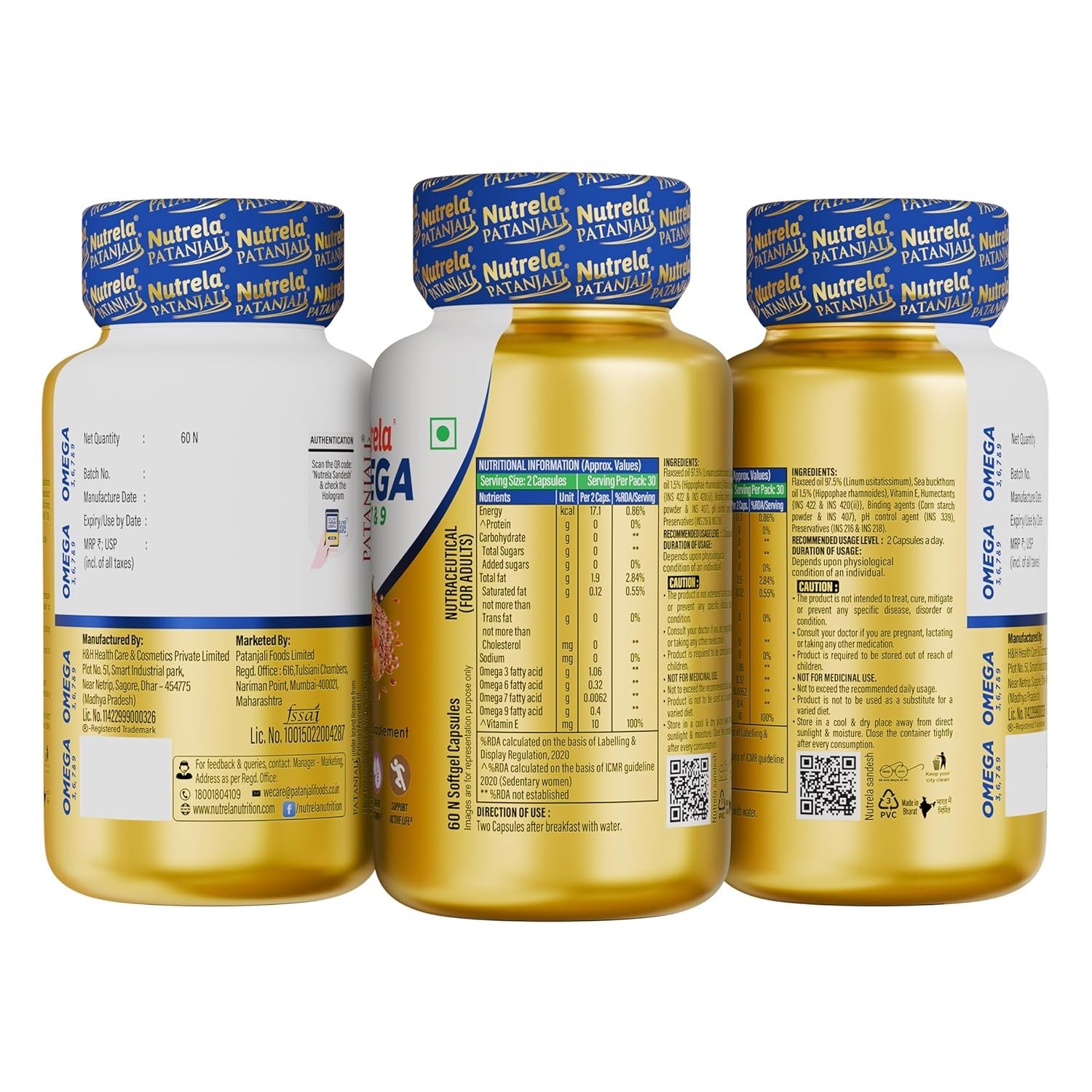 3 x Patanjali Nutrela Organic Omega 3 6 7 & 9 Supplement, 180 N Softgel Capsules