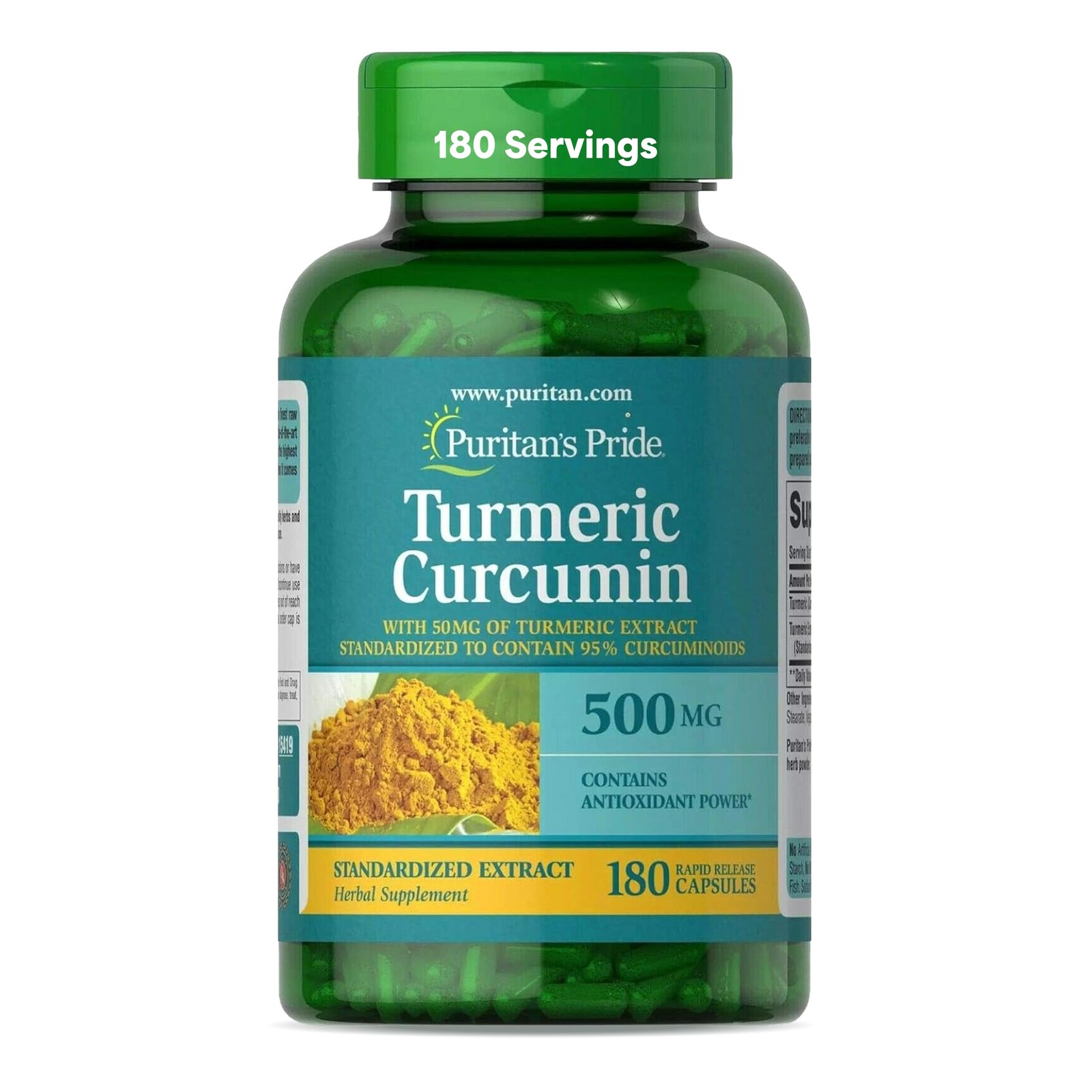 Puritan’s Pride Turmeric Curcumin 500mg, 180 Count (Pack of 1), White