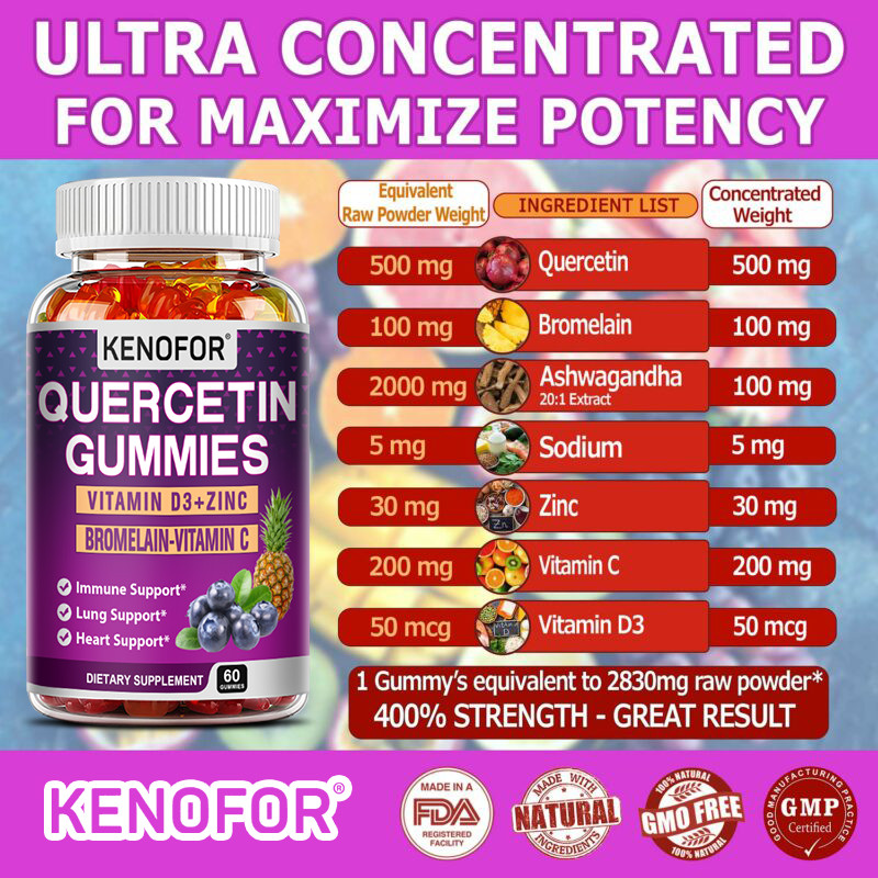 Quercetin 500mg with Bromelain Vitamin C + D3 Zinc Ashwagandha 60 Gummies