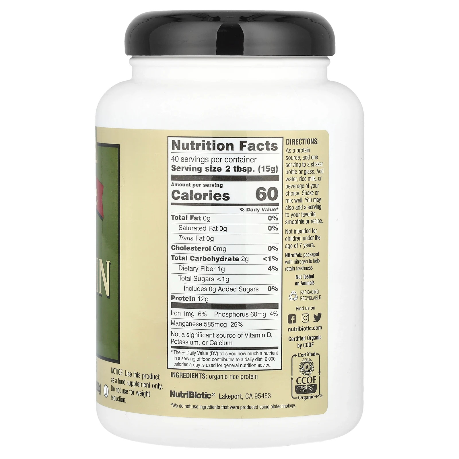 NutriBiotic Raw Organic Rice Protein Plain 1 lb 5 oz 600 g Egg-Free,