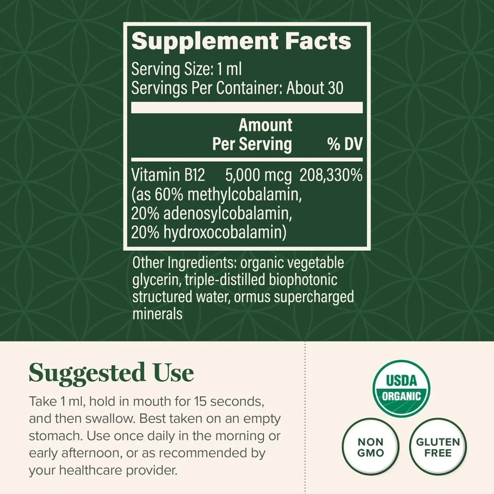 Vitamin B12, 5000 mcg, 3-in-1 Organic Liquid Vitamin B12, 30-Day Supply (1 Oz)